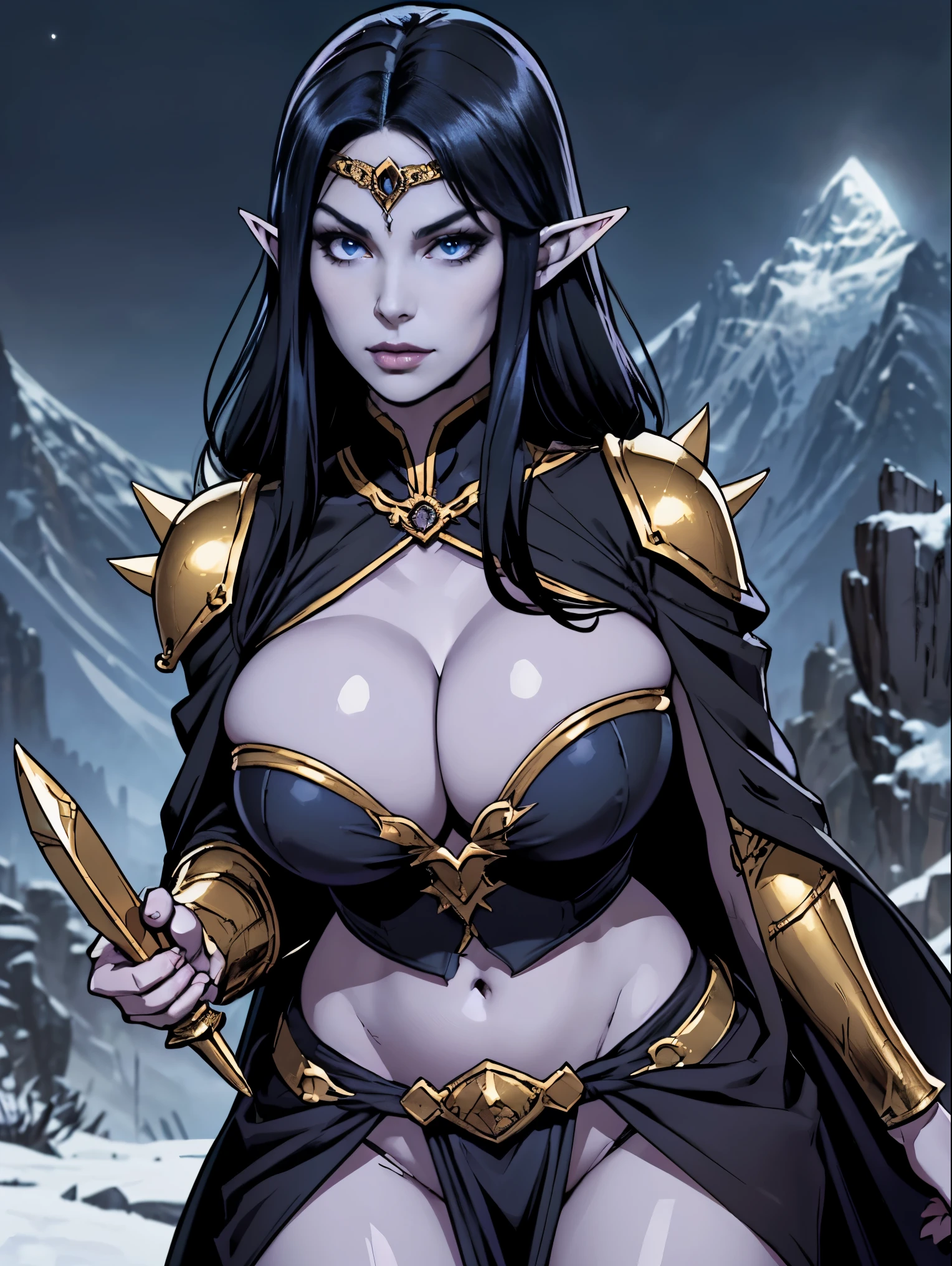 (masterpiece, top quality, best quality, official art, beautiful and aesthetic:1.2), (1girl:1.3), ((Sharp facial features, sharp features, hawkish features)), ((big hair, long elf ears, long black hair)), (((pale purple skin, pale blue skin, blue skin, purple skin))), big tiddy dark elf girl, extremely detailed, portrait, looking at viewer, solo, (full body:0.6), detailed background, full-body shot, (cold night mountain theme:1.1), dark elf war dancer, (spiky winged headdress), charlatan, smirk, mysterious, swaying in mountains, skimpy attire, revealing gladiatrix costume, ebony metal, gold filigree, gold bikini, circlet, metal bikini, long boots, dual knives, blood red fabric, pelvic curtain, loincloth, black leather, ((((gigantic breasts, cleavage, skindentation, long legs, pelvic curtain)))), cute belly button, toned tummy, slim waist, slim hips, long legs, medieval (mountain exterior:1.1) background, dark mysterious lighting, shadows, magical atmosphere, dutch angle