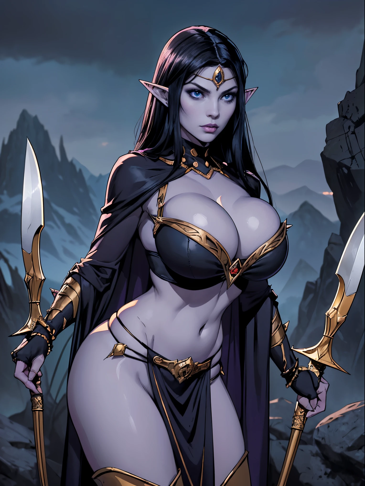 (masterpiece, top quality, best quality, official art, beautiful and aesthetic:1.2), (1girl:1.3), ((Sharp facial features, sharp features, hawkish features)), ((big hair, long elf ears, long black hair)), (((pale purple skin, pale blue skin, blue skin, purple skin))), big tiddy dark elf girl, extremely detailed, portrait, looking at viewer, solo, (full body:0.6), detailed background, full-body shot, (cold night mountain theme:1.1), dark elf war dancer, (spiky winged headdress), charlatan, smirk, mysterious, swaying in mountains, skimpy attire, revealing gladiatrix costume, ebony metal, gold filigree, gold bikini, circlet, metal bikini, long boots, dual knives, blood red fabric, pelvic curtain, loincloth, black leather, ((((gigantic breasts, cleavage, skindentation, long legs, pelvic curtain)))), cute belly button, toned tummy, slim waist, slim hips, long legs, medieval (mountain exterior:1.1) background, dark mysterious lighting, shadows, magical atmosphere, dutch angle
