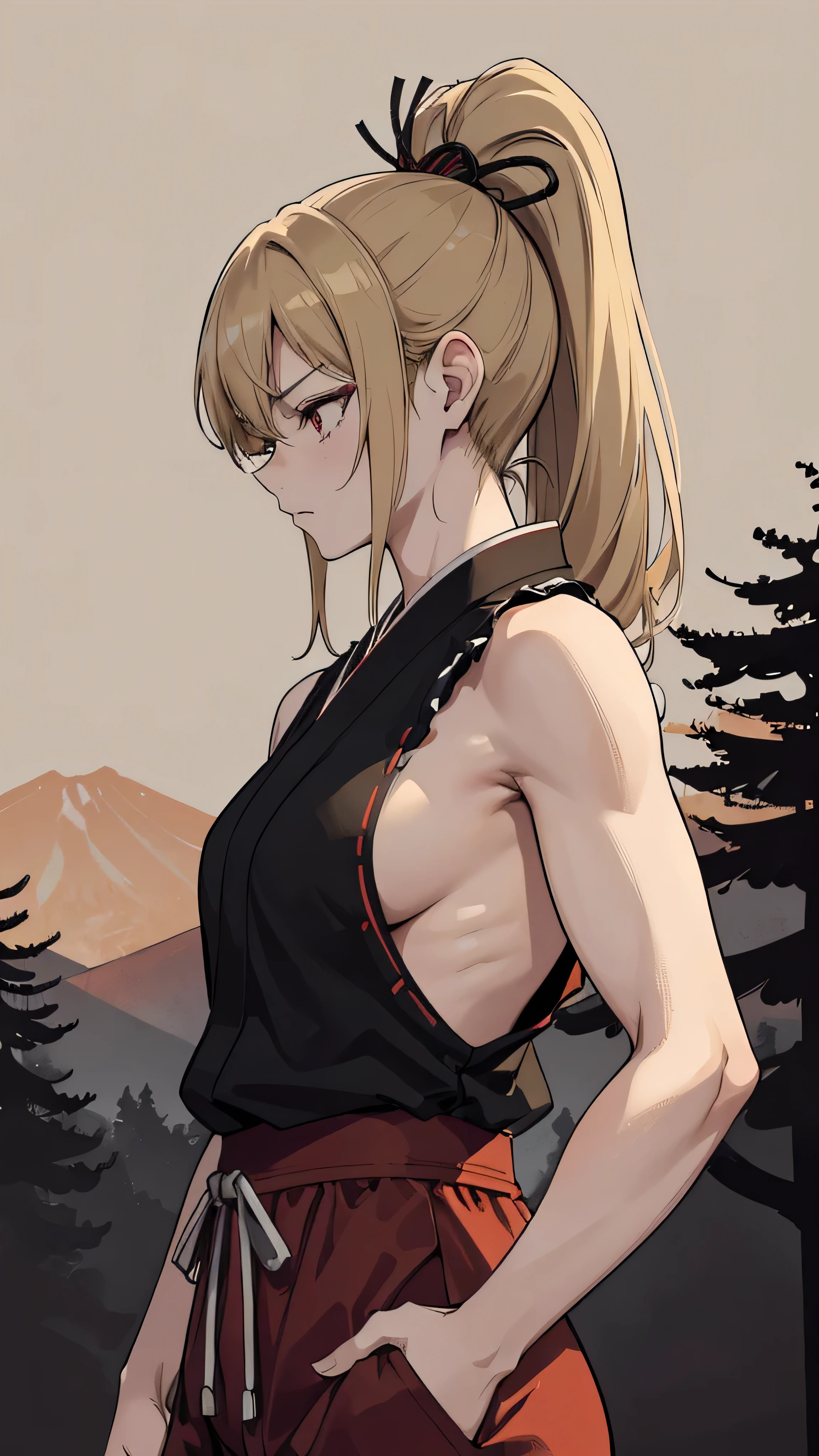 taisho period Japanese woman, grunge, ominous, dark background, really buff woman, tomboy, ponytail, blonde, baki hanma, baki the grappler, woman, forest background, black top with red pants, sleeveless, bloodied, grunge, moorlands background, backlit, facing away from camera