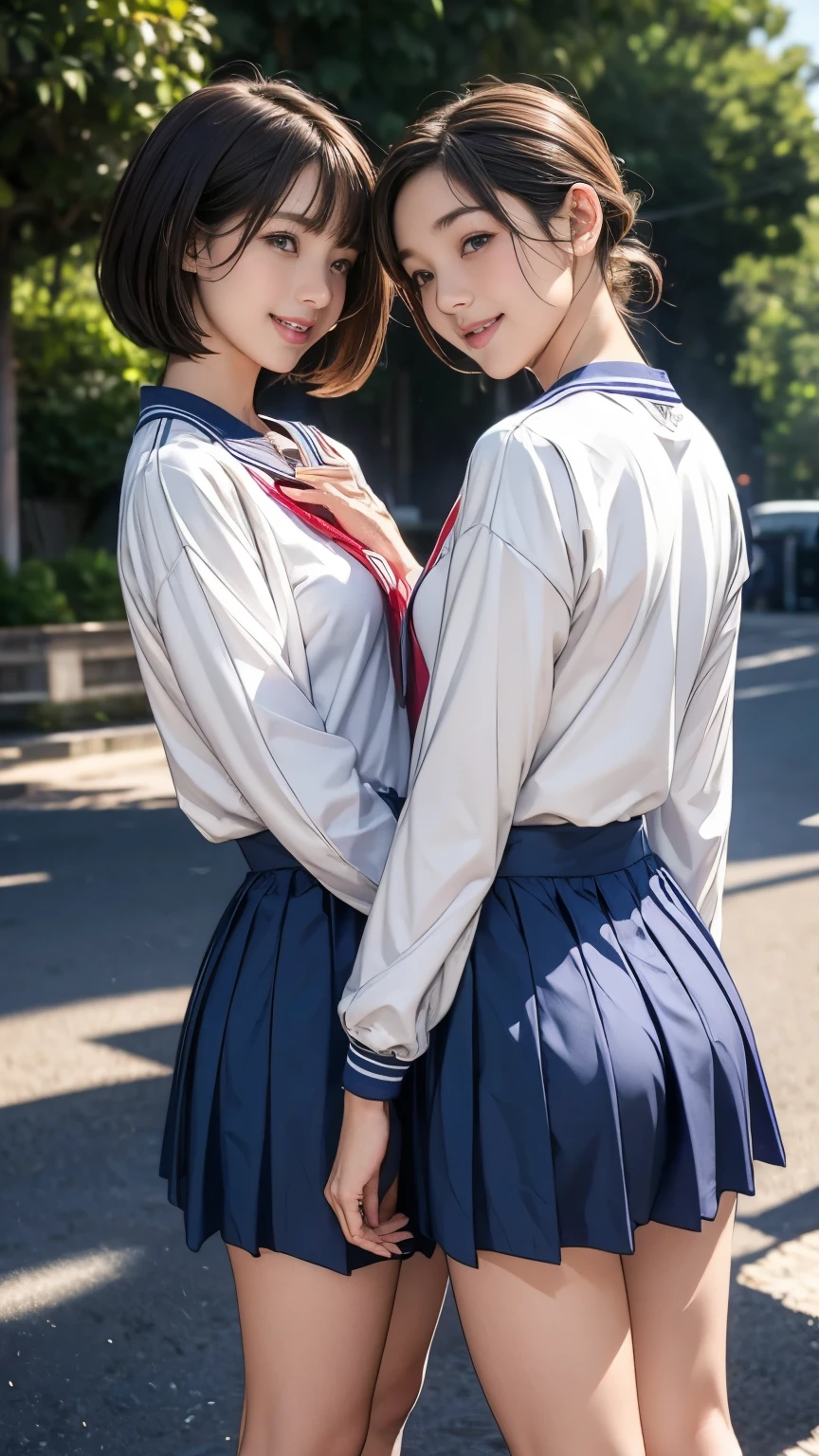 (2 girls, , Same height :1.2) ,Rear view, Couples Focus , Japanese Girls , (Smile:0.7), Stand side by side , Upper Body, Beach Volleyball,Please recall, (Never wear a skirt), Sailor Suit, Long sleeve, Navy blue bloomers, The fabric of the bloomers is very thin, Practical butt crack, にやにやのSmile, Very short hair , (High color saturation:1.0), (Very delicate skin), (best quality:1.0), (Ultra-high resolution:1.0) ,(Practical:1.0), (Ultra Detailed:1.0), (8k, original photo:1.1)