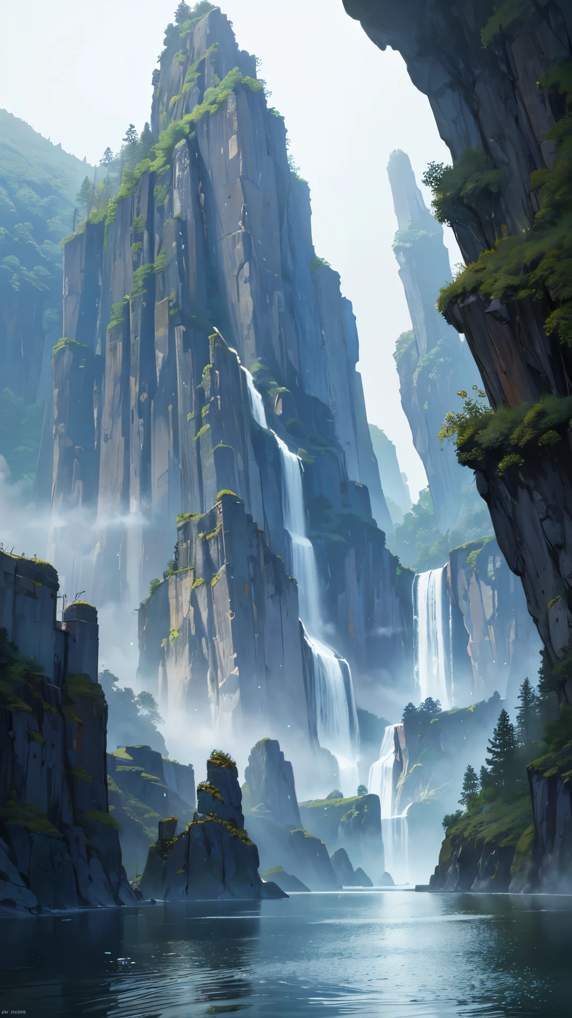 (8K, Raw photo, highest quality, look up:1.2, masterpiece:1.2, genuineistic, ultra high resolution, high contrast, photon mapping, genuine, Super detailed, official art, Raw photo, professional lighting, light, Vivid atmosphere, twicelight) , Many floating islands flying in the sky, Ancient ruins remain on the flying island, One flying island is a waterfall and a lake, You can see the mountains, The flying island is full of nature, An atmosphere that exudes the excitement of adventure, High Fantasy Worldview, Beautiful depiction of grand composition and proportions, Guardian nebula of rainbow light and silvery vapor, Corrosive Encirclement Ray Family Color, slimy air feeling,