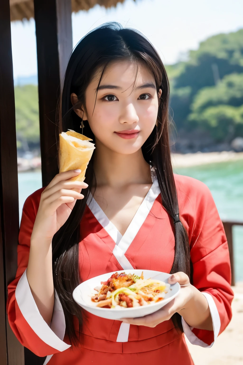 ((best quality)), ((masterpiece)), (detailed), perfect face
this morning beautyfull asian girl standing and eating some food near the beach, she use traditional suit