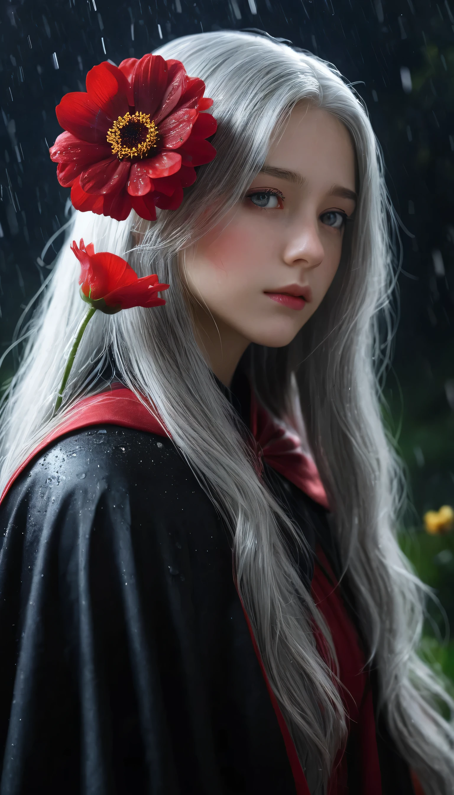 One girl,alone,One girl,alone,((Beautiful fine details)), (Detailed light),Depth of written boundary,(Gray Hair),Silver Eyes,Hair on one eye,(Red flower ), Hair Flowers,Long Hair,Black Cape,Wet,Emotionless,Recall,night,Starfall,it&#39;s raining,fog,Red flowers falling,sketch,Upper Body,Strong Shadows,masterpiece, 最high quality, high quality, High resolution,