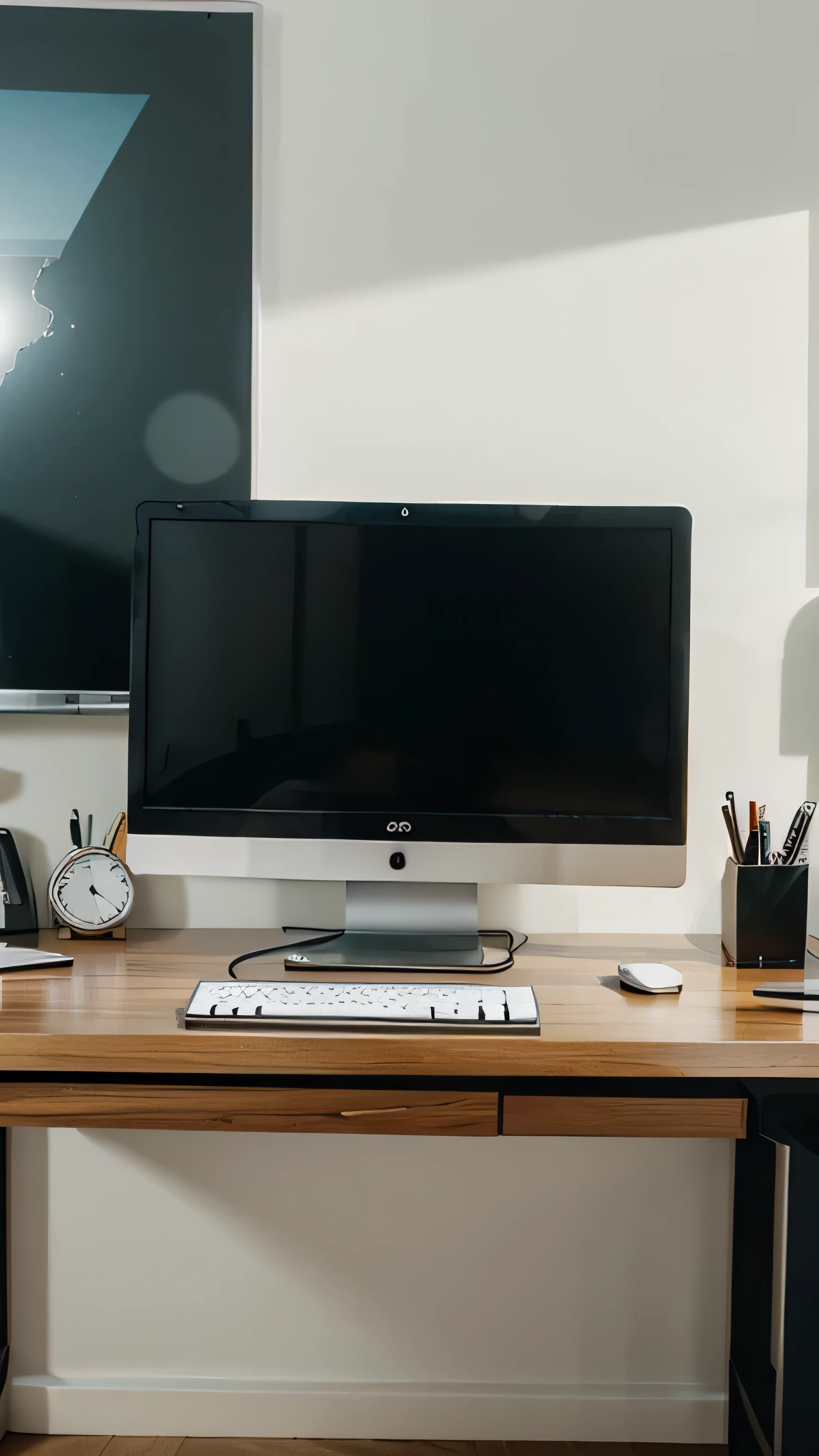 there is a computer monitor sitting on a desk with a chair, minimalist desk, minimalist home office, home office, 8k computer render, desktopography, home office interior, computer render, neat and tidy, sitting at a computer desk, computer setup, pristine and clean design, minimalistic design, a computer rendering, computer cgi, distance
