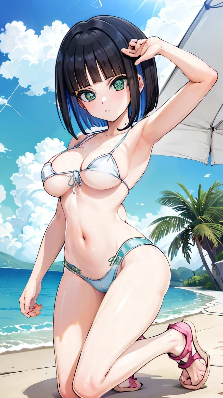 (High reality photograph, high resolusion, detailed face, detailed eyes), 1girl, (gaunt, short stature:1.5), 20 years old, (white bikini, micro bikini:1.5), cute face, baby face, (cameltoe:1.3), (narrow waist:1.4), (thin legs:1.4), (big breasts:1.5), (emerald eyes:1.1), (cute eyes:1.4), (pale skin:1.4), (shiny skin:1.4), (armpit:1.3), (underboob:1.4), (open legs:1.4), (full body:1.1), poolside, (erect nipples:1.3)