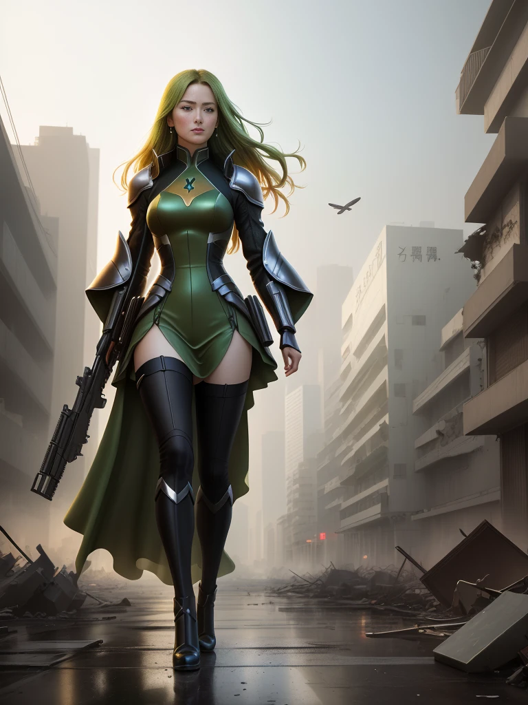 (in a destroyed city,Woman in green dress holding gun: 1.19), Cyberpunk Art Inspired by Stanley Artgerm, CGSetline Contest Winners, The art of math, Artgerm Julie Bell Beeple, Wojtek Fuss, Artjem and Louis van Baarle, (Full body portrait of Jean Grey: 1.15), Realistic, photography, Main Part, Practical, realism, fotorrealismo, High contrast, RealisticThe art of math在 Artstation 8k HD 高清中流行,Realistic details, detailed, Texture, Ultra Detailed, Realistic皮肤纹理, armor, best quality, 超high resolution, (Realistic:1.4),, high resolution, detailed, original photo, Sharp Reinsurance, author:lee jeffries 尼康 d850 胶片库存photography 4 柯达 portra 400 相机 F1.6 鏡頭豐富的色彩超現實Realistic紋理戲劇性照明虛幻引擎在 artstation cinestill 800 上流行,