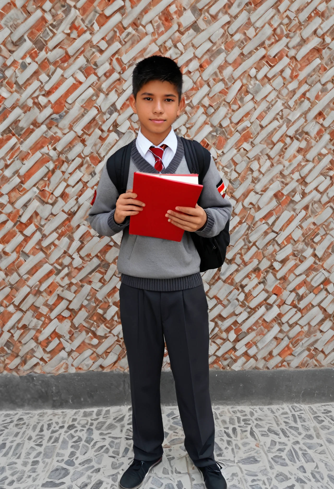 male student, , light tan , rasurado y con uniforme escolar gris oscuro y rojo que en el centro del sueter diga cobao en rojo, con una libreta a lado que tenga un dibujo de pixeles