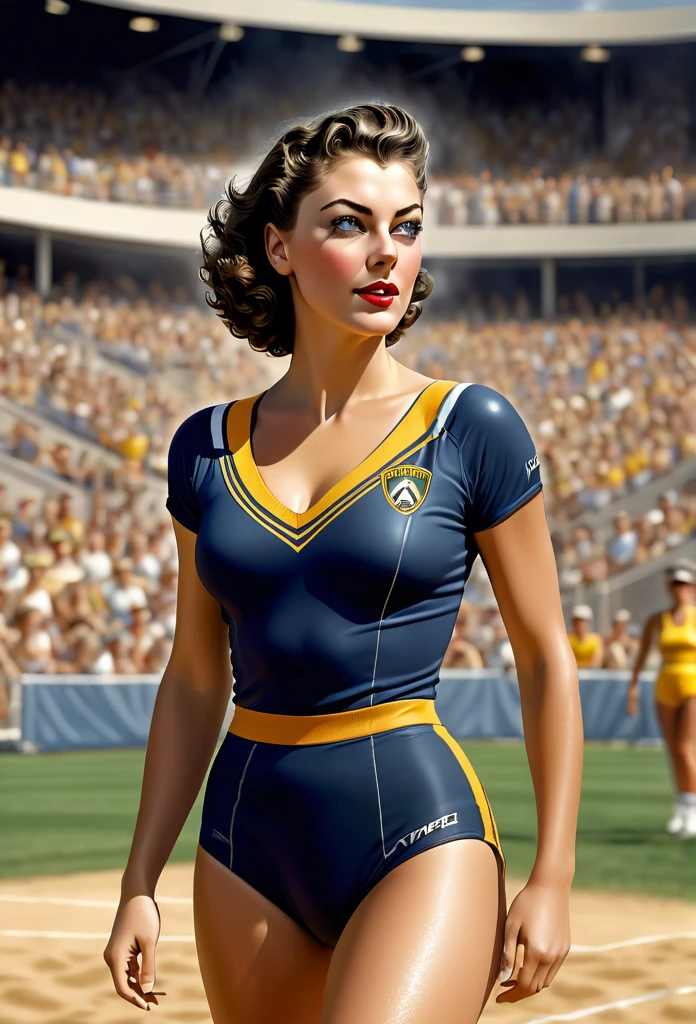 Fit, Athletic, 20 yo Modern Days Ava Gardner wears a stylish volley jersey, at volley field tournament, sweaty, energentic, detailed face, insanely detailed and intricate, volumetric lighting, spectators crowd at background, professional masterpiece photo realistic digital illustration by frank Bellamy, octane render