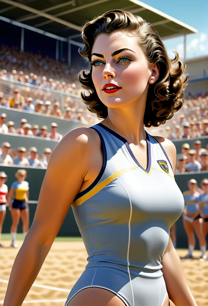 Fit, Athletic, 20 yo Modern Days Ava Gardner wears a stylish volley jersey, at volley field tournament, sweaty, energentic, detailed face, insanely detailed and intricate, volumetric lighting, spectators crowd at background, professional masterpiece photo realistic digital illustration by frank Bellamy, octane render