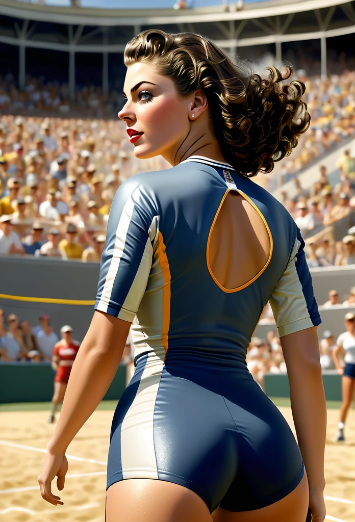 Fit, Athletic, 20 yo Modern Days Ava Gardner wears a stylish volley jersey, at volley field tournament, sweaty, energentic, detailed face, insanely detailed and intricate, volumetric lighting, spectators crowd at background, professional masterpiece photo realistic digital illustration by frank Bellamy, octane render