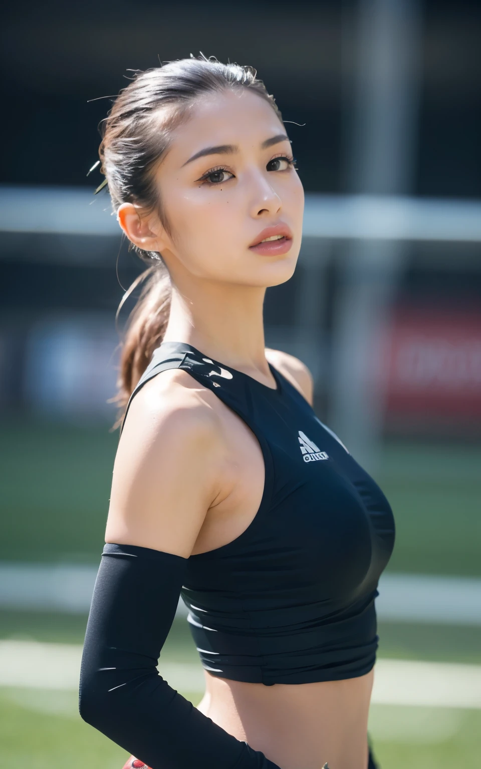 HASSELBLAD CAMERA, Original Photography, (real: 1.3), Twisted (Beautiful and glamorous: 1.4), Ponytail, (detail: 1.2), 8K Ultra HD, (football: 1.4), Beautiful Japanese women, muscle