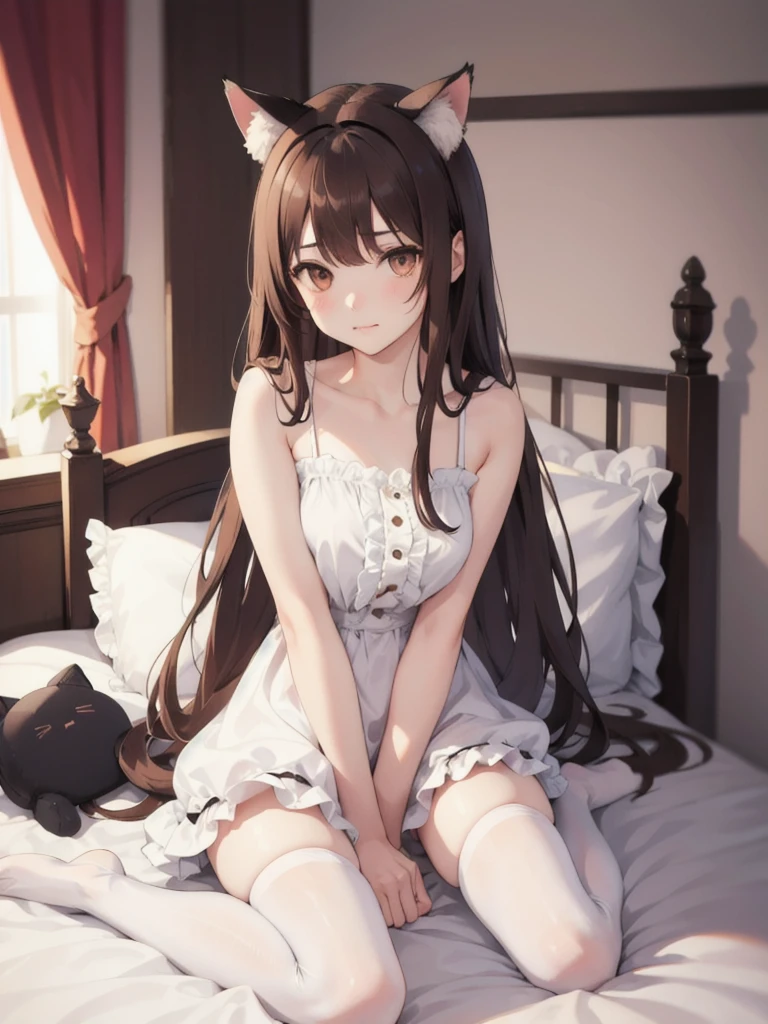 1girl, solo, long hair, breasts, looking at viewer, bangs, brown hair, thighhighs, dress, animal ears, brown eyes, sitting, closed mouth, full body, frills, sleeveless, indoors, cat ears, white dress, blurry, white thighhighs, lips, pillow, bed, blurry background, fake animal ears, on bed, wariza, stuffed toy, between legs, realistic, bedroom