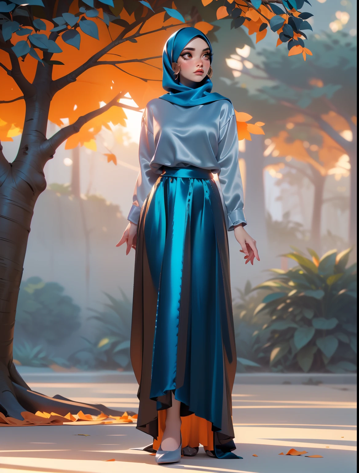 3DMM, ((Masterpiece, best quality, photography, detailed skin, realistic, photo-realistic, 8k, highly detailed, full length frame, High detail RAW color art, diffused soft lighting, shallow depth of field, sharp focus, hyperrealism, cinematic lighting, hijab, a woman in a beautifully makeup, smokey eyeshadow, beautiful big eyes, long eye lashes, wearing (aqua satin hijab), loosely tide hijab style, ((gray satin shirt)), satin long maxi skirt, walking in the middle of the meadow, The background is the village, sunset, orange teal colour grading