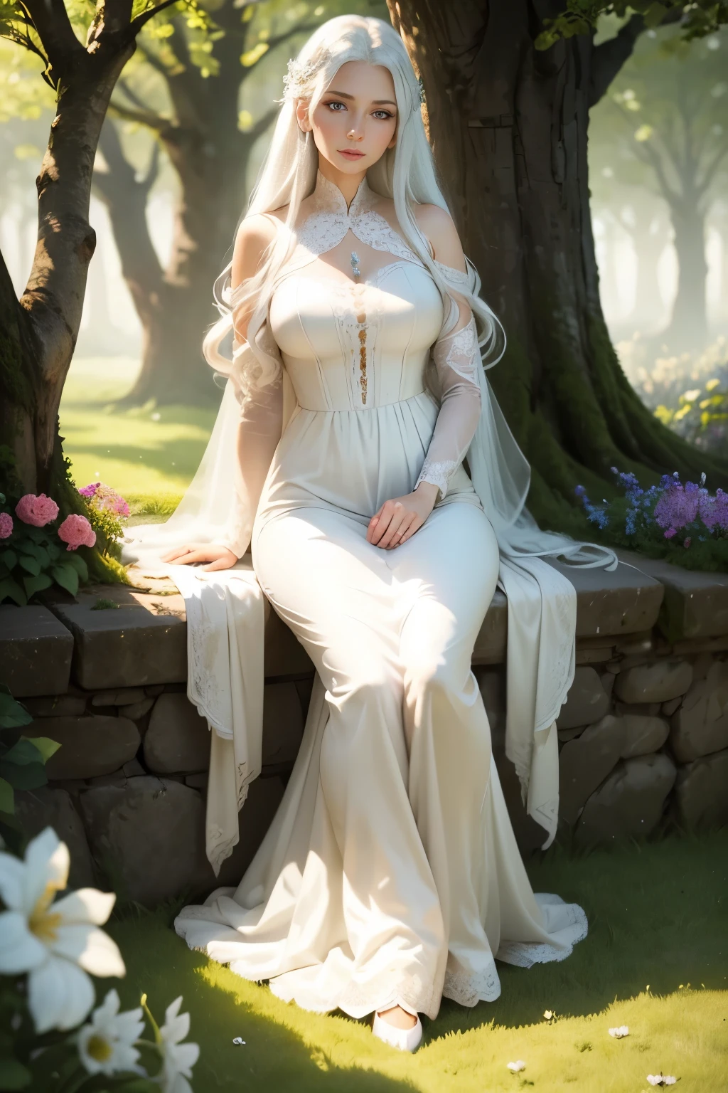 In the serene tranquility of dawn, a female vampire with an albino complexion emerges against the backdrop of a pristine, highest quality, 8k RAW forest. Her ethereal porcelain skin, flawless and radiant, contrasts starkly with her vintage black attire, which gracefully cascades over her slender waist and voluptuous hips. The shallow depth of field accentuates her exquisite features, intricately revealing the contours of her sharp, enigmatic face and her enigmatic smile that tantalizes the observer with an enchanting game of hide-and-seek. Her mesmerizing yellow-gold eyes, mir