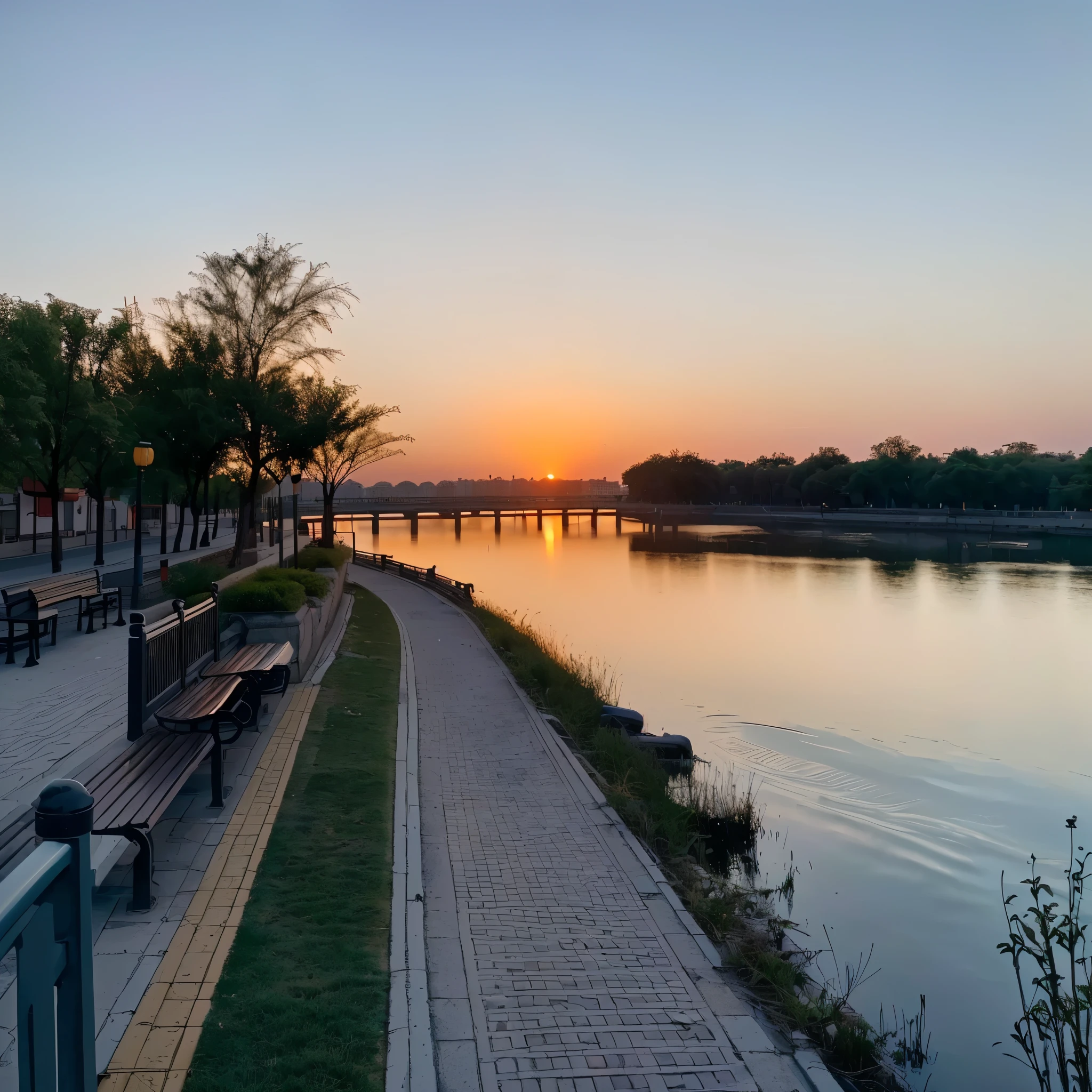 There is a bench on the roadside near the water., Golden hour in Beijing, The sun is going down, Baotou China, night, Sunset, Sunset time, Sunset, As the sunset, evening, The most beautiful sunset, Shot with iPhone 1 3 Pro Max, when the sun sets on the horizon, The river in the morning
