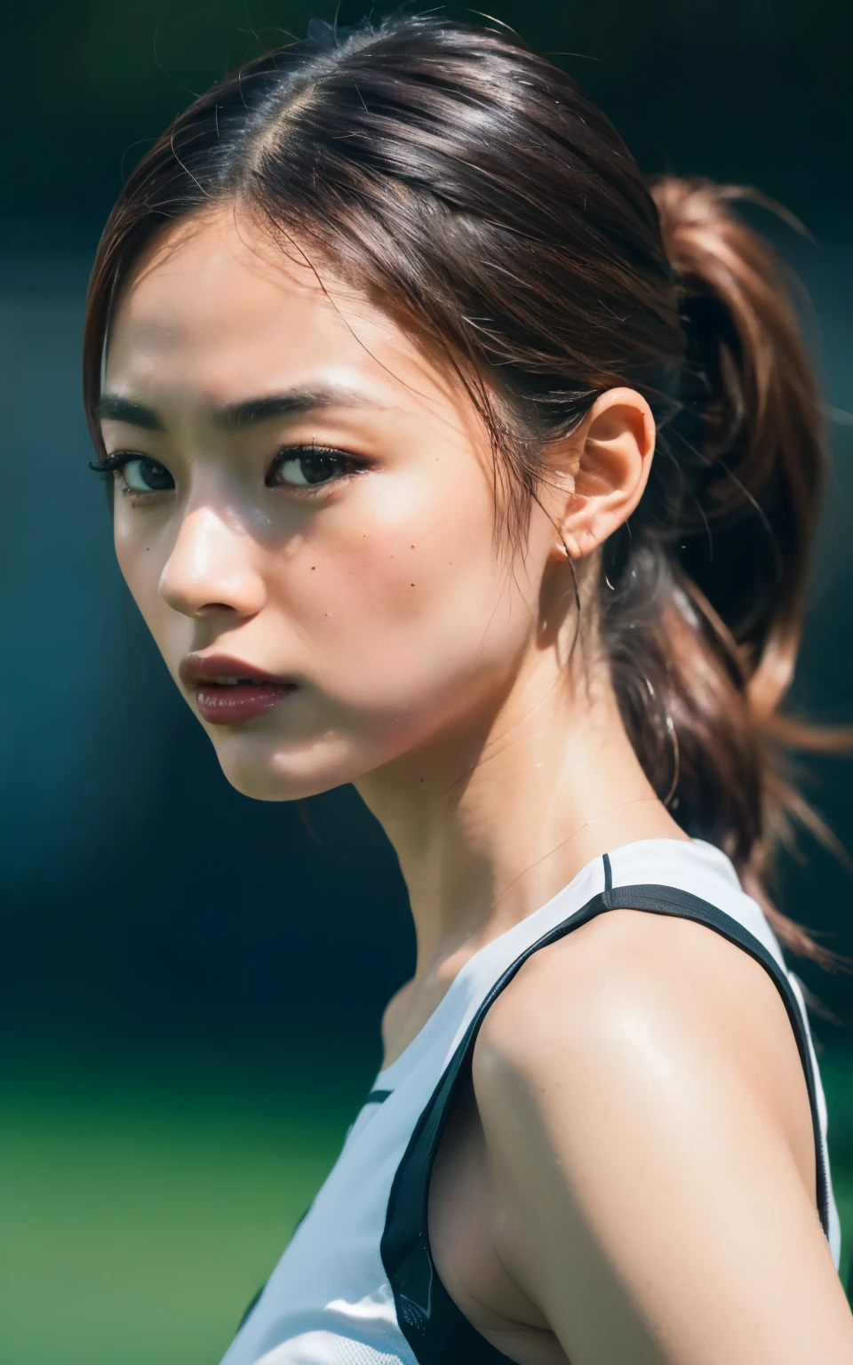 HASSELBLAD CAMERA, Original Photography, (real: 1.3), Twisted (Beautiful and glamorous: 1.4), Ponytail, (detail: 1.2), 8K Ultra HD, (football: 1.4), Beautiful Japanese women, muscle