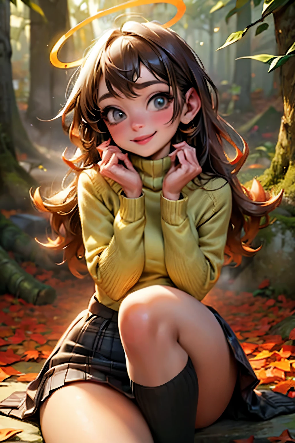 A forest covered with many fallen autumn leaves, a thin round-necked knit and a mini-wrapped skirt, knee socks, movement as if looking up to the sky, look at the photographer, 24K, high image quality, high definition, a beautiful face like an angel, Warm expression, happiness overflowing on the face, halo shining through the trees, warm color description, 18 year old girl