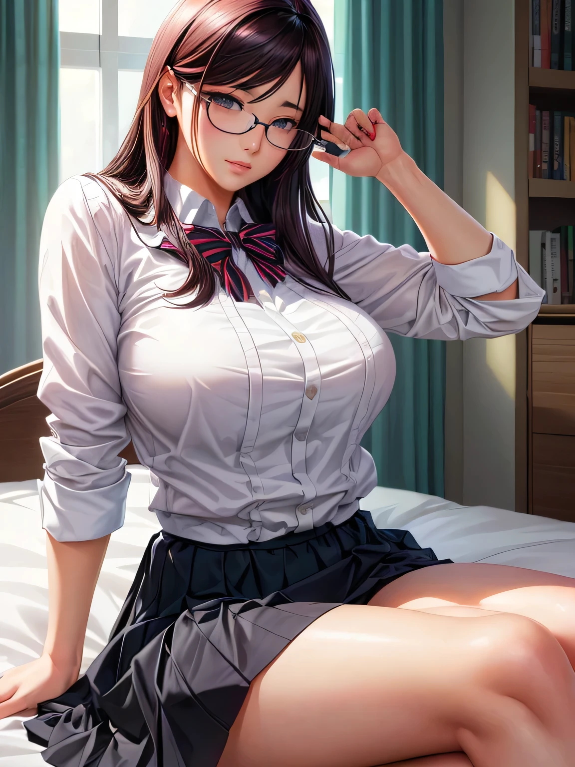 A woman wearing a skirt and glasses is sitting on a bed, seductive anime girl, hyperRealistic , a hyperRealistic , Renji Murata and Artgerm, smooth anime cg art, Realistic , [ 4k digital art ]!!, anime. Soft lighting, photoRealistic anime