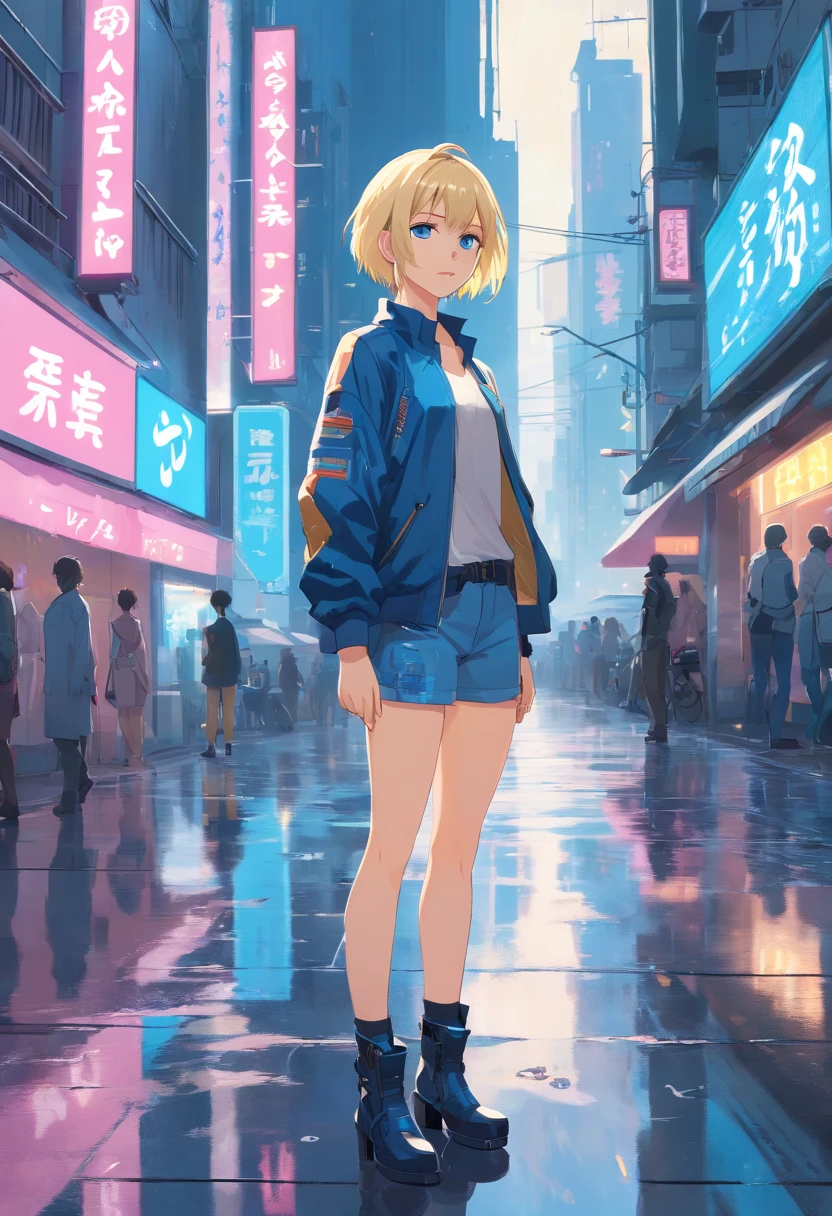 17 years old Women, ((Blonde)), ((Blue eyes)), ((Short hair)), ((Full shot)), very detailed makeup, pale pink lipstick, long earrings, cyberpunk style suite, and Stiletto boots, in street of a futuristic city standing in front of a bike, wet floor