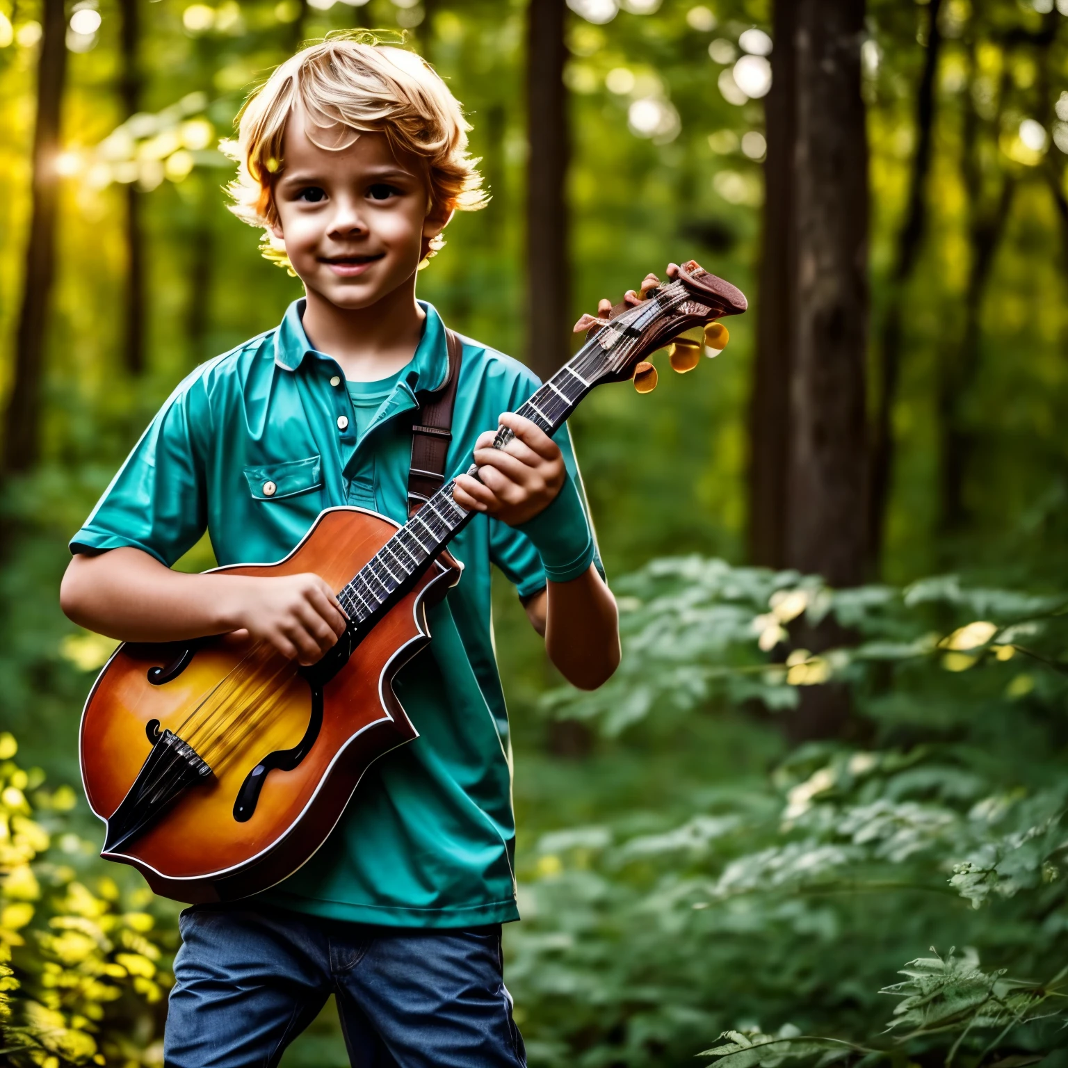 boy, blonde hair, playing a mandolin, with a green aura around him. late afternoon forest.