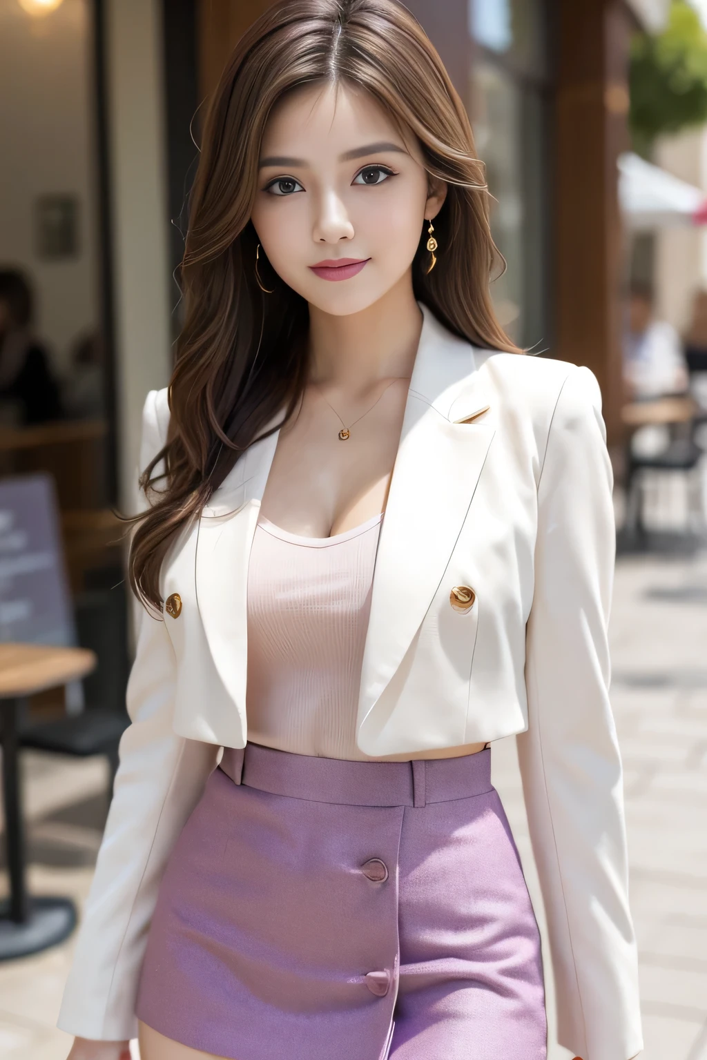 The best quality at its best, Realistically, Super detailed, More about pubic hair, High resolution, 8k wallpaper, One beautiful woman, Pink wet lips, Light brown messy hair, Medium Hair, Purple office suit with a black short skirt, Lock focus, Perfect dynamic composition, Beautiful Eyes, Delicate Hair, Detailed Realistically skin texture, smile, Close-up portrait, Model Body Type, On the open terrace of the cafe, Blurred Background, (Full Body Shot), Shooting from a distance,