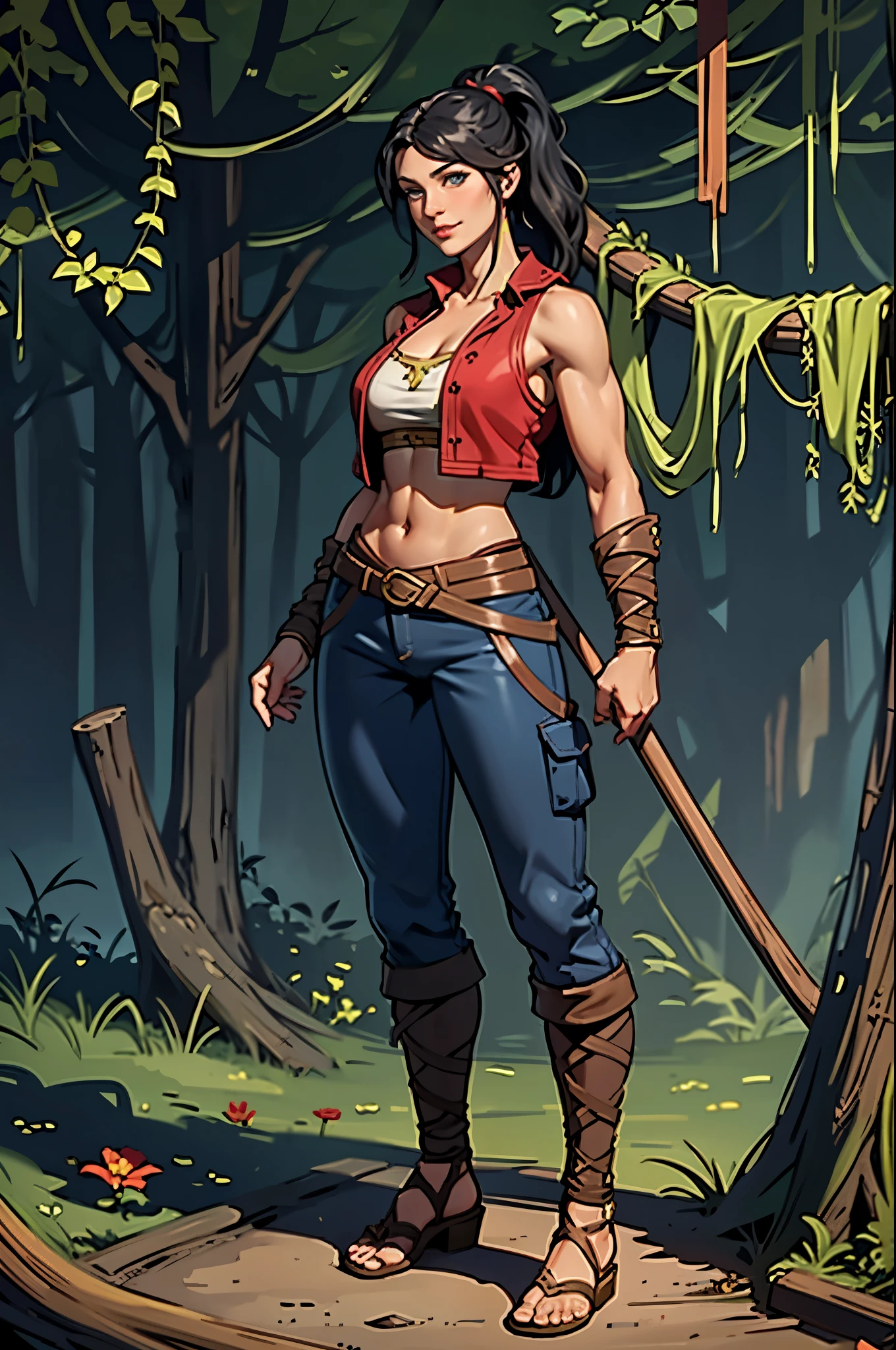 Barbarian Druid outfit, woodland armor, flowers and vines made into an outfit, Solo, female, slightly muscular, slightmuscle, big blue eyes, fantasy outfit, forest, pants, cropped jacket, modest clothingBlack hair, Black curly long hair in a ponytail, light eyes, tall and Toned woman, Barbarian woman, full body, aesthetic, beautiful woman,fantasy clothing, (masterpiece, best quality:1.2), solo, 1girl, smile, looking at viewer, ponytail, sandals, bare arms, no sleeves, red and blue outfit, cargo pants