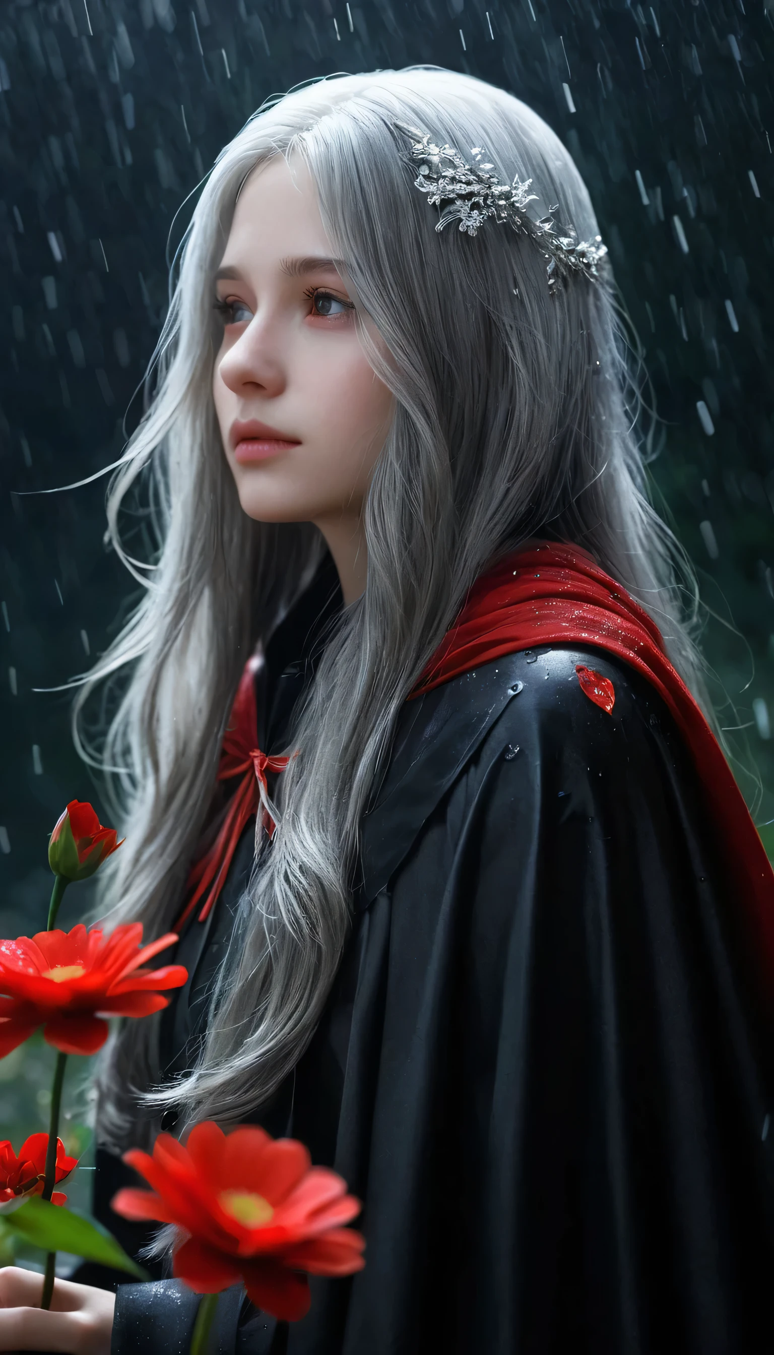 One girl,alone,One girl,alone,((Beautiful fine details)), (Detailed light),Depth of written boundary,(Gray Hair),Silver Eyes,Hair on one eye,(Red flower ), Hair Flowers,Long Hair,Black Cape,Wet,Emotionless,Recall,night,Starfall,it's raining,fog,Red flowers falling,sketch,Upper Body,Strong Shadows,masterpiece, 最high quality, high quality, High resolution,