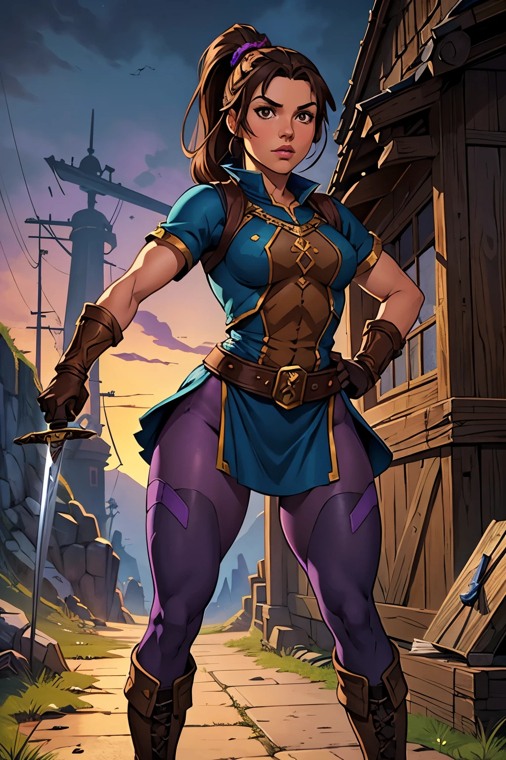 a girl adventurer, brown hair, brown eyes, dark (blue tabard), (purple tights), big boots, leather boots, big gloves,  ponytails, (((young girl))), sword at her hip, (((masterpiece))), high quality, 8k. Show her fighting a skeleton warrior