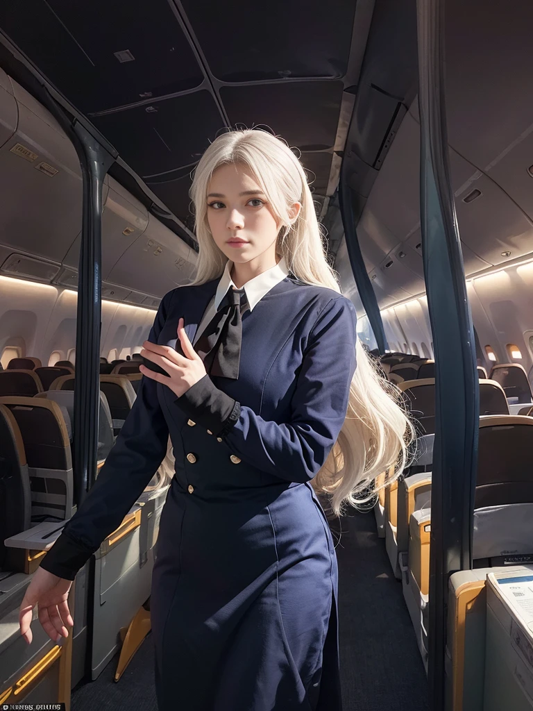 (in the darkness: 1.6), Surrealist Portraits of Women by David Hockney and Alphonse Mucha, Fantasy Art, Photorealism, Dynamic Lighting, Art Station, poster, Volumetric Lighting, Very detailed faces, 4K, The award-winning, 1 Girl, in the darkness, Deep Shadow, Low profile, Cowboy shooting, (Airline stewardess: 1.4), Long hair, white hair, Break, terminal, Moderate