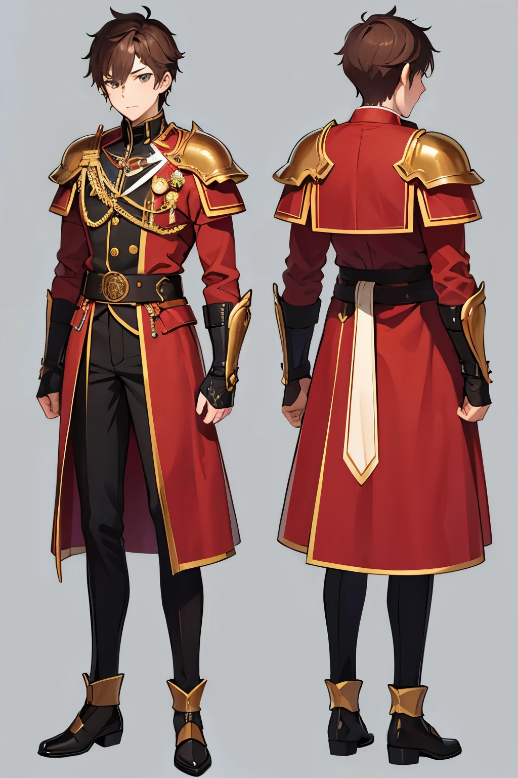 Anime boy model sheet, anime boy with fair skin and brown eyes, he has messy and spiky brown hair, character is wearing a hero outfit, his hero outfit is a red overcoat with gold details, red body cape full, red armor, default position, full character body sheet template.