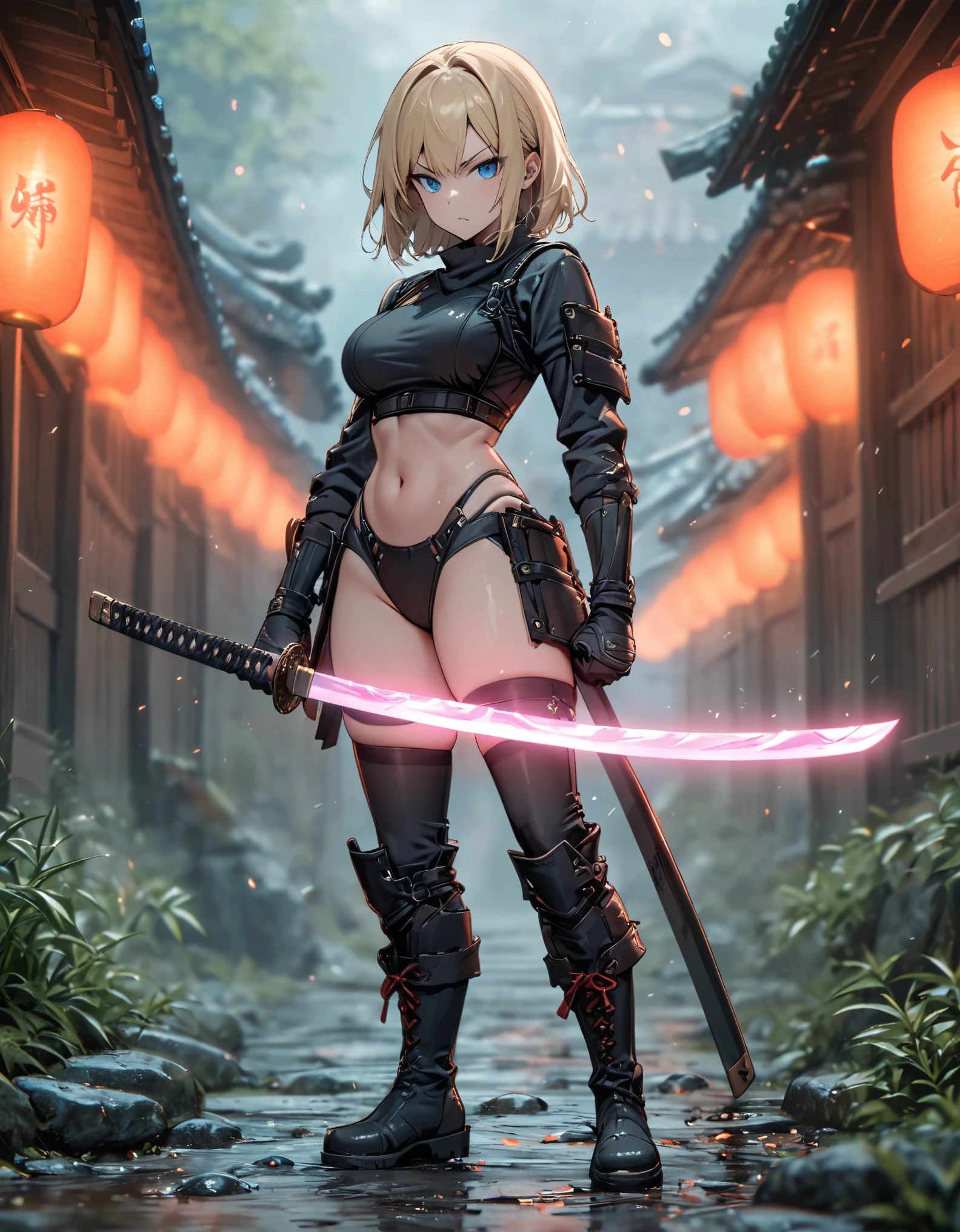 masterpiece, best quality, 1girl, blonde_hair, blue_eyes, boots, breasts, clenched hand, clenched hands, crop top, full body, gloves, knee boots, medium hair, medium breasts, midriff, navel, bob hair, solo, standing, thighhighs, turtleneck, black leotard, ninja, (holding a samurai sword, katana, glowing sword), burning japanese village backdrop, danger atmosphere, grim, stance, full body with costume