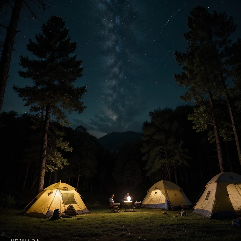 Genera una portada para una novela sobre un campamento y varios chicos, que se vea misterioso de noche y mirando hacia el frente