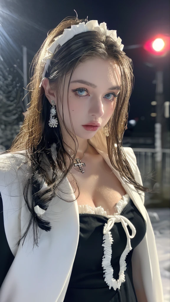 1 miniature Beautiful beautiful woman - Yuan Sayuki, ((top quality, 8K, Masterpiece:1.retty woman, 1 woman, huge breasts:1.3, a slim body:1.1, lush GINGER long hair with 2 buns, (shower, wet body, wet clothes:1.1), very detailed face, detailed lips, detailed eyes, double eyelids, Detailed blue eyes, чрезвычайно Detailed Outstanding Blue Eyes, long GINGER wet hair, GINGER wet hair, Detailed Outstanding Blue Eyes, innocent look at the viewer, very wet wavy white hair, Detailed Outstanding Blue Eyes, huge cross earrings, Outdoors, badges behind, gothic maid uniform, sexy maid dress, bare chest, huge chest tattoo, detailed huge catholic cross earrings, chest tattoo, Outside, wear a silver cross (Detailed cross shape), reality mode, wet breasts, black necklace, human crowd behind, black latex gloves, hair of white snowy colour, night time, red neon lights, demonic nun, nimbus (golden lighting ring above her head), angel, snowy weather, sexy pose, white lingerie, black maid dress, detailed flower wreath made of different colours, open chest (tattoo on her chest)