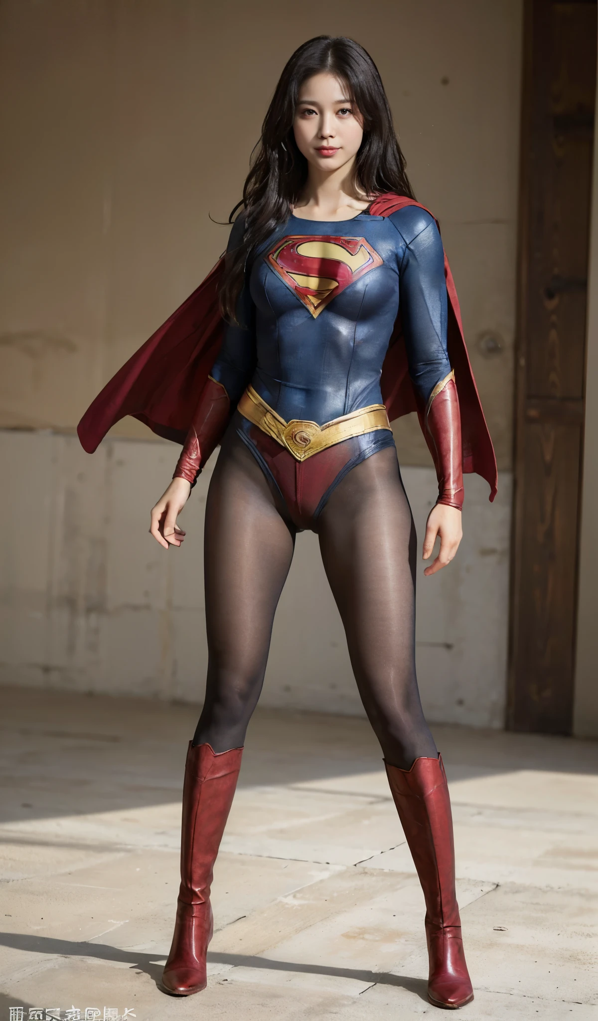 No background、(((Improve your style)))、(((Model Body Type)))、(((Beautiful legs in black tights.)))、(((Legally express the beauty of your smile)))、((((Make the most of your original images)))、(((Supergirl Costume)))、(((A form-fitting Supergirl costume)))、(((Beautiful Hair)))、(((suffering)))、(((Please wear black tights....、Wear red boots)))、((Best image quality、8k))、((highest quality、8k、masterpiece:1.3))、(((Preserve background )))、Sharp focus:1.2、Beautiful woman with perfect figure:1.4、Slim Abs:1.2、Wet body:1.5、Highly detailed face and skin texture、8k