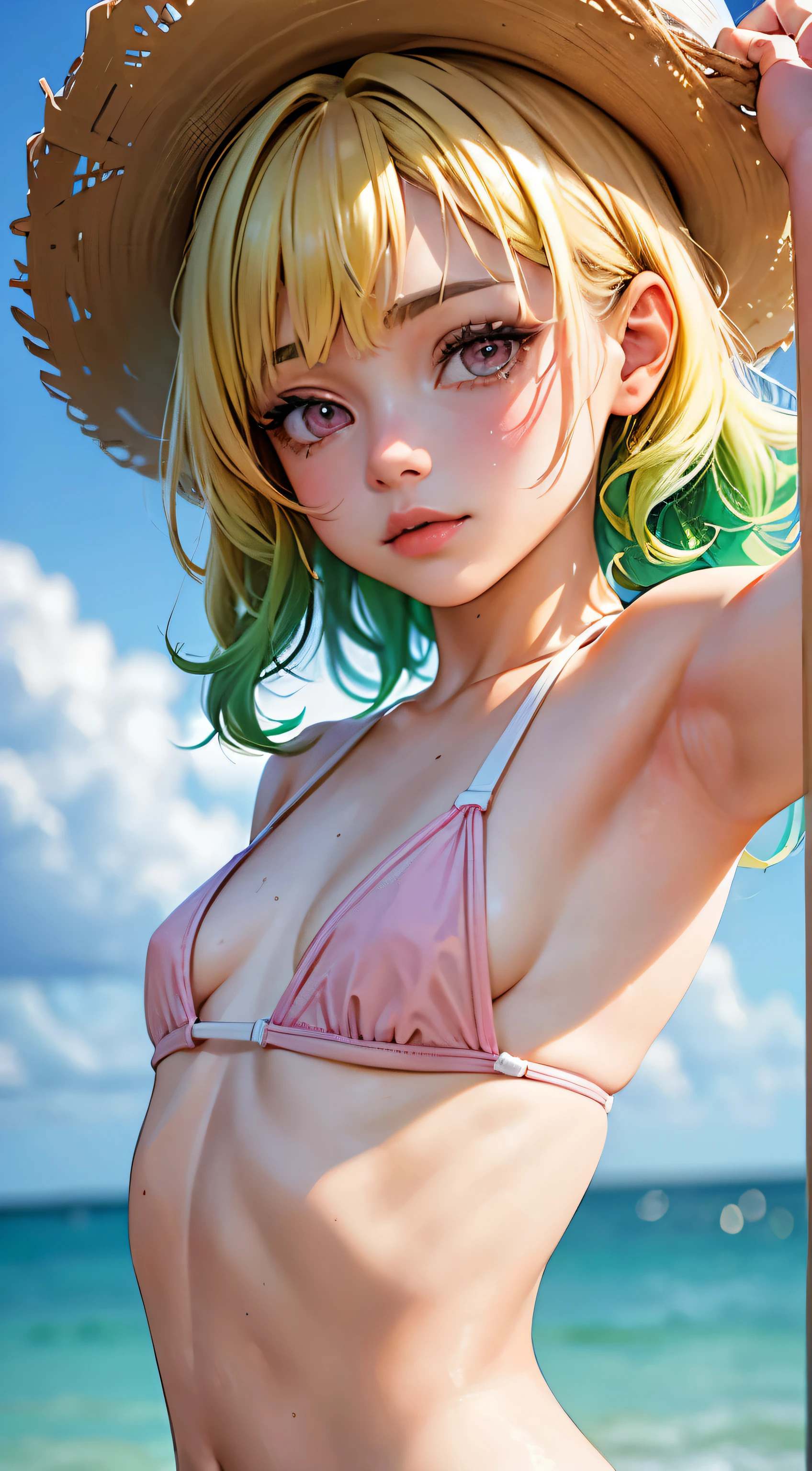 One woman, alone, alone Focus, Cowboy Shot, Portraiture,, Beaver,Half water color, Half Green, ((Brown Hair)), (Yellow Hair), (Gradient Hair :1.5), Curly Hair, ((Pink Eyes)), Ultra-detailed eyes, work, White knit, (Small TI quality, Very detailed,Swimwear,