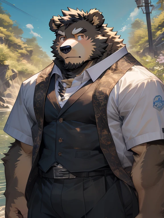 (Super detailed),Be focused,Delicate eyes,Brown eyes furry,(Black and white fur), black beard,Black Hair,human nature (Bear:1.3), male, Middle-aged and elderly people, brown body, White belly, muscular ,(Crotch bulge),Super detailed的脸,(Messy 1.4),(best quality), (masterpiece), High Detail,high quality,high resolution,16K,close up,(Wear only white),(Riverside background),Majestic appearance,Overlooking,(Brown fur:1.3),(Beggar's clothes)。