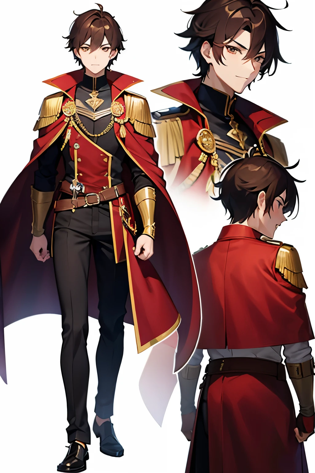 Anime boy model sheet, anime boy with fair skin and brown eyes, he has messy and spiky brown hair, character is wearing a hero outfit, his hero outfit is a red overcoat with gold details, red body cape full, red armor, default position, full character body sheet template.