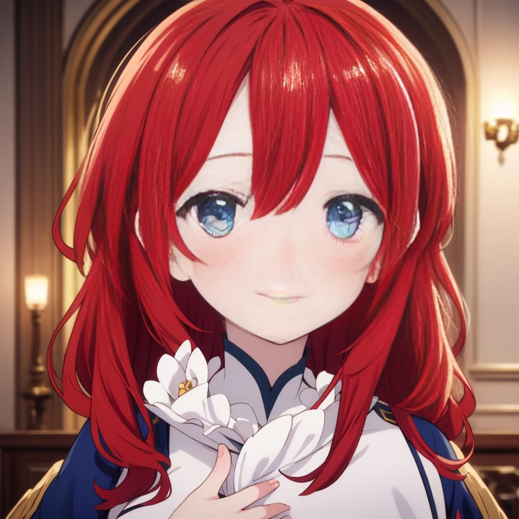 A girl with red hair and blue eyes, wearing noble clothes, with a gentle smile, in a Palace environment. (Eight years:1.8) [vibrant colors] [oil painting] [detailed background] [soft lighting] [high resolution] [elegant atmosphere] [beautifully detailed eyes] [beautifully detailed lips] [long eyelashes] hugging a young man with red hair, the young man has closed eyes and royal clothes, pale skin and enviable beauty