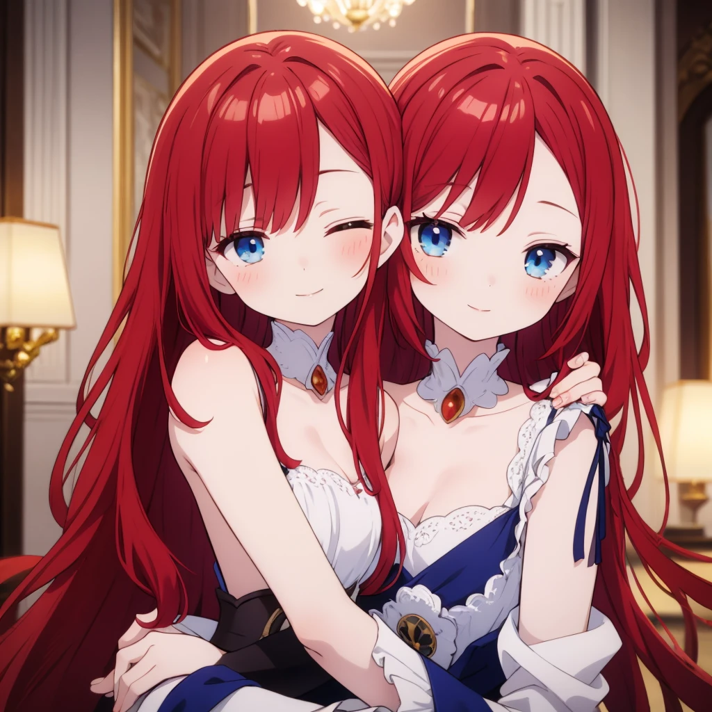 A girl with red hair and blue eyes, wearing noble clothes, with a gentle smile, in a Palace environment. (Eight years:1.8) [vibrant colors] [oil painting] [detailed background] [soft lighting] [high resolution] [elegant atmosphere] [beautifully detailed eyes] [beautifully detailed lips] [long eyelashes] hugging a young man with red hair, the young man has closed eyes and royal clothes, pale skin and enviable beauty