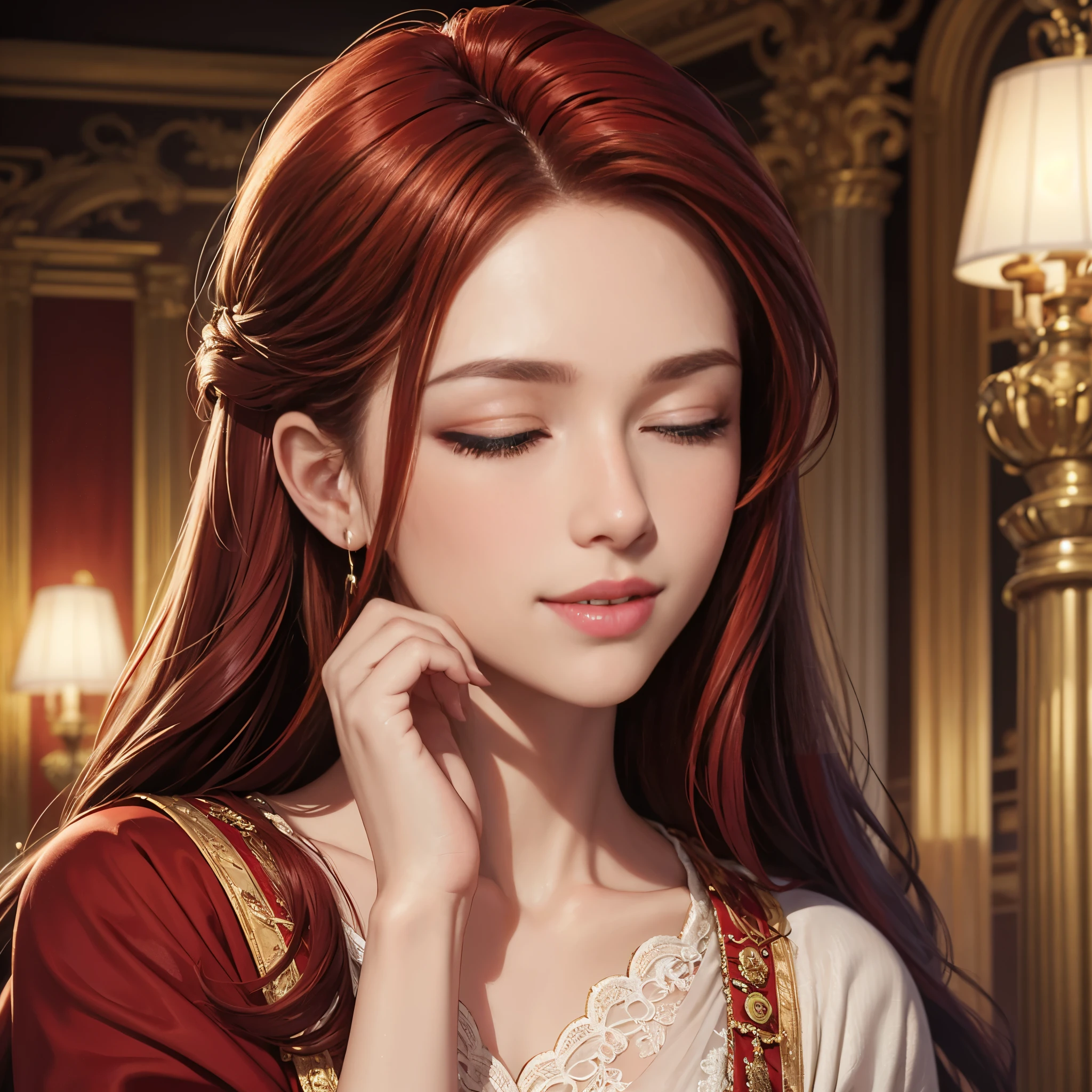 A girl with red hair and blue eyes, wearing noble clothes, with a gentle smile, in a Palace environment. (Eight years:1.8) [vibrant colors] [oil painting] [detailed background] [soft lighting] [high resolution] [elegant atmosphere] [beautifully detailed eyes] [beautifully detailed lips] [long eyelashes] hugging a young man with red hair, the young man has closed eyes and royal clothes, pale skin and enviable beauty