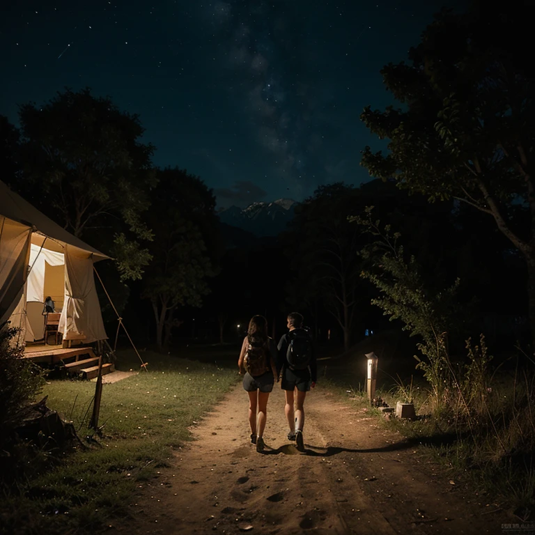 Genera una portada para una novela sobre un campamento con un chico y una chica caminando, que se vea misterioso de noche