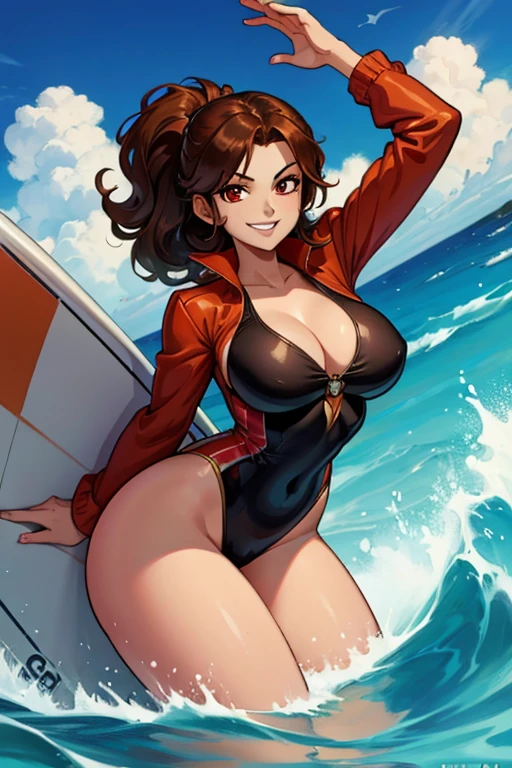 A brown haired woman with red eyes with an hourglass figure in a cute one piece suit is surfing with a big smile