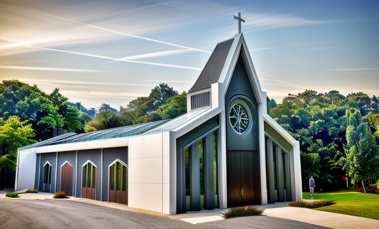 exterior church, contemporary style, white wall, wood wall, wood door, glass window, (realistic:1.2), Masterpiece, high quality, best quality, authentic, super detail, outdoors,road,pavement, grass, trees, sky, cloud, (daylight:1.1), cross at the top