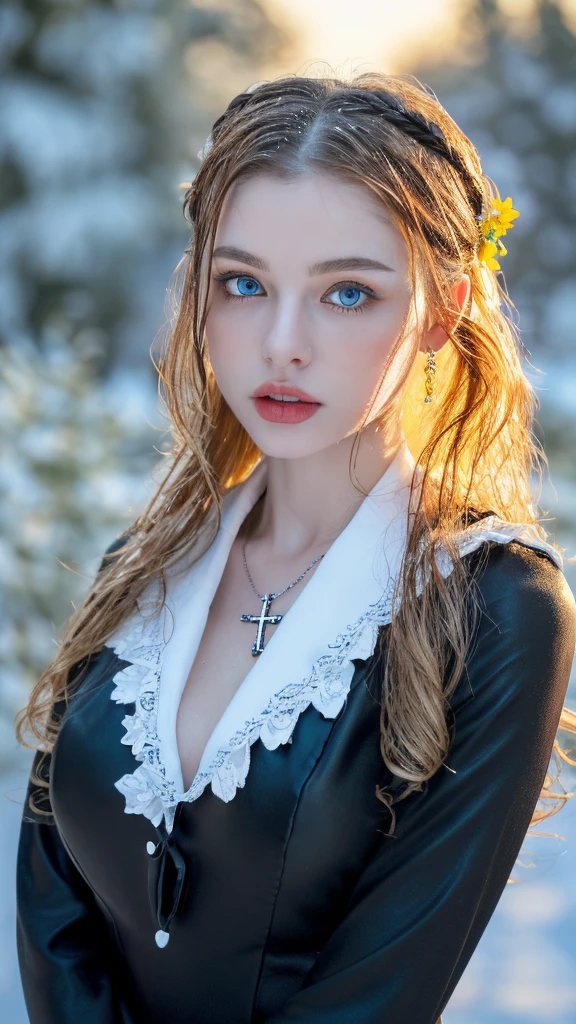 1 miniature Beautiful beautiful woman - Yuan Sayuki, ((top quality, 8K, Masterpiece:1.retty woman, 1 woman, huge breasts:1.3, a slim body:1.1, lush GINGER long hair with 2 buns, (shower, wet body, wet clothes:1.1), very detailed face, detailed lips, detailed eyes, double eyelids, Detailed blue eyes, чрезвычайно Detailed Outstanding Blue Eyes, long GINGER wet hair, GINGER wet hair, Detailed Outstanding Blue Eyes, innocent look at the viewer, very wet wavy white hair, Detailed Outstanding Blue Eyes, huge cross earrings, Outdoors, badges behind, gothic maid uniform, sexy maid dress, bare chest, huge chest tattoo, detailed huge catholic cross earrings, chest tattoo, Outside, wear a silver cross (Detailed cross shape), reality mode, wet breasts, black necklace, human crowd behind, black latex gloves, hair of white snowy colour, night time, red neon lights, demonic nun, nimbus (golden lighting ring above her head), angel, snowy weather, sexy pose, white lingerie, black maid dress, detailed flower wreath made of different colours, open chest