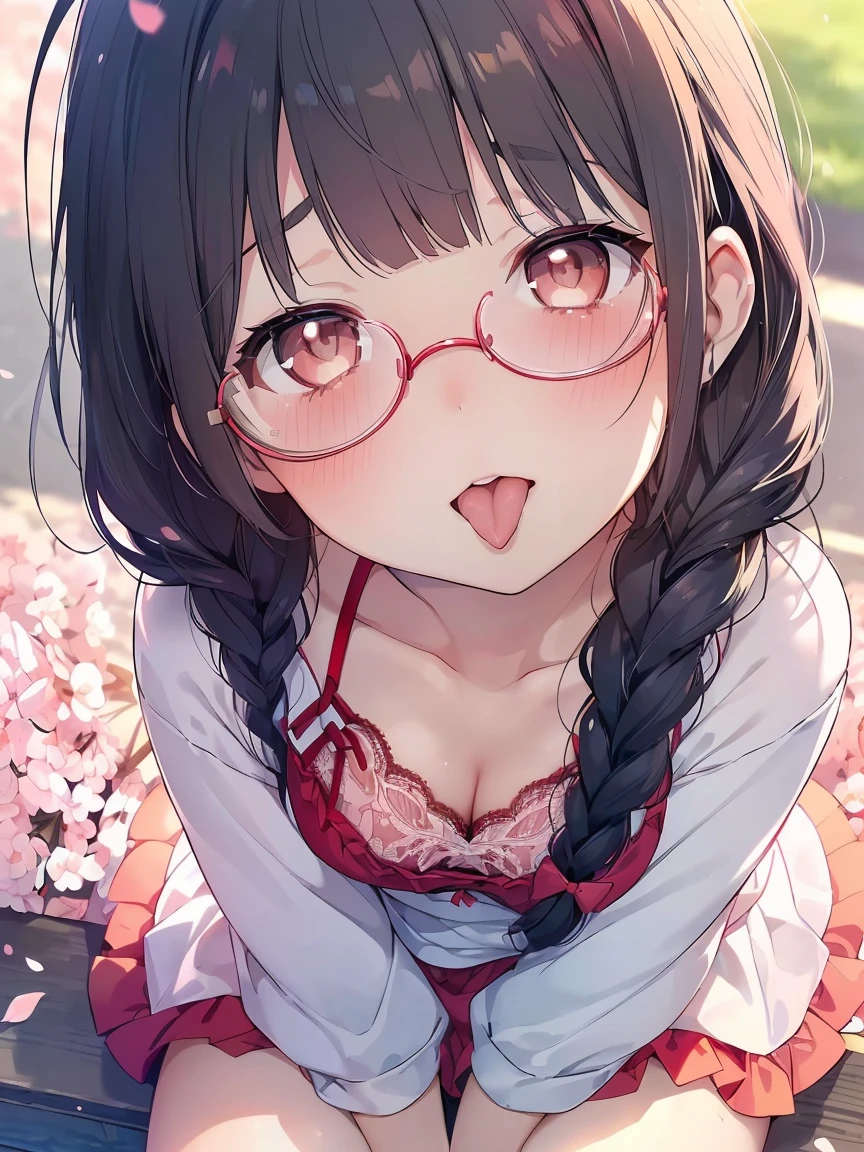 Very detailed, highest quality, High resolution, Moe Anime, ((A cute elementary school girl with black hair and droopy eyes)), ((Wearing large round glasses:1.4)), (Baby Face), Cute eyes, Detailed eye depiction, Sparkle in the eyes, View your viewers, Pale skin, (Big eyes:1.4, Droopy eyes:1.4, Fatty face:1.4), smile, Focus on the face, In the park with cherry blossoms falling, Sitting, (Extreme close up of tongue), (((From above))), Open your mouth, (((Face only:1.3))), ((Red lace lingerie)), Bright Eyes, (Put your hands between your legs:1.4), large and long tongue, Cleavage, Braided hairstyle, Pink ribbon