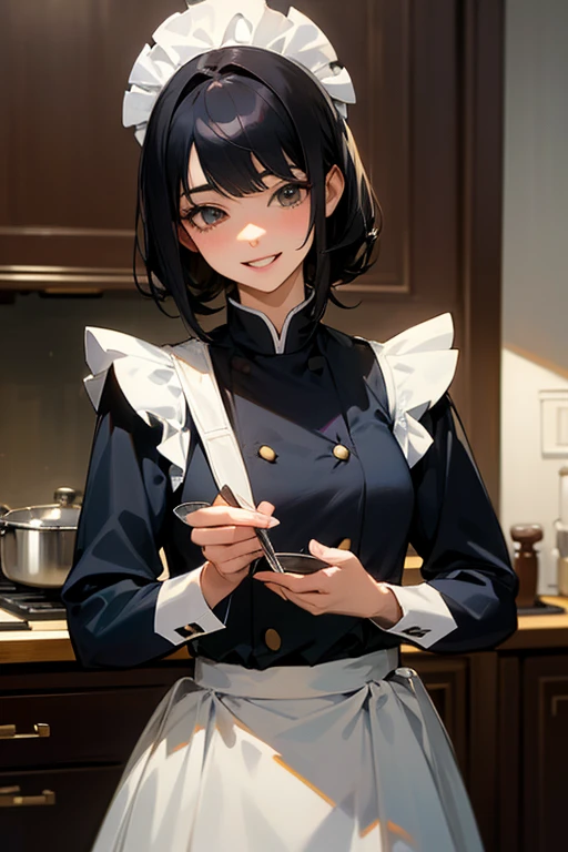 (Highest Resolution, clear_image) highest quality, Single person, One Woman, alone, masterpiece, Very detailed, Semi-realistic, Black Hairのショートヘア, Black Hair, bangs, 18-year-old, mature, light blue uniform, uniform, Indoor Background, kind, Authoritative, Powerful, exquisite features, exquisite features、Eyelashes become longer、Showing teeth、smile😀、Maid clothes、cooking、