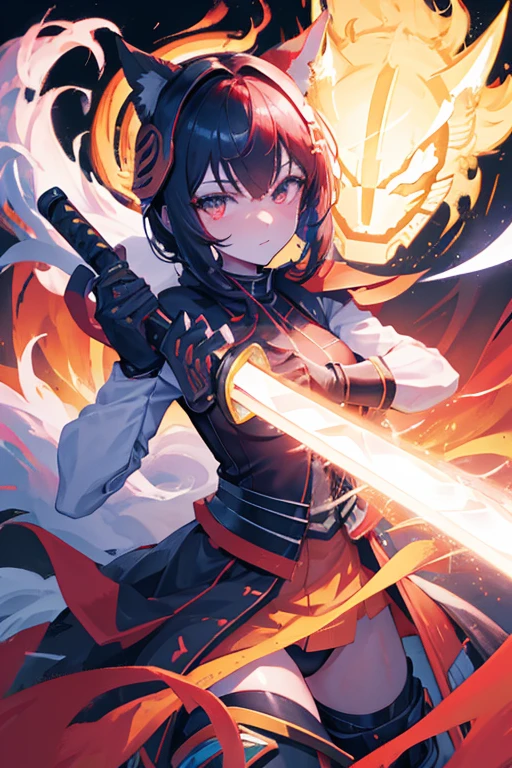 Waifu kitsune with armor and helmet with technological black full face smooth mask with an energy katana, pelo morado 