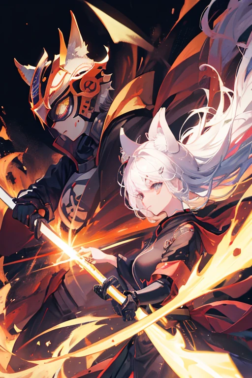 Dynamic composition、((Perspective Lens, Woman with long hair, Dynamic poses with serious and mean expressions, Two hands brandishing a large, long Japanese sword )) ((Pure Orange Background:1.2)),Anime Style、Detailed eyes、Looks like she's in her early 20s,Shooting in mid-motion,With her long braided hair fluttering. Her outfit is reminiscent of a butterfly,Black and yellow color palette,Be playful.,Neon color line fractal art、