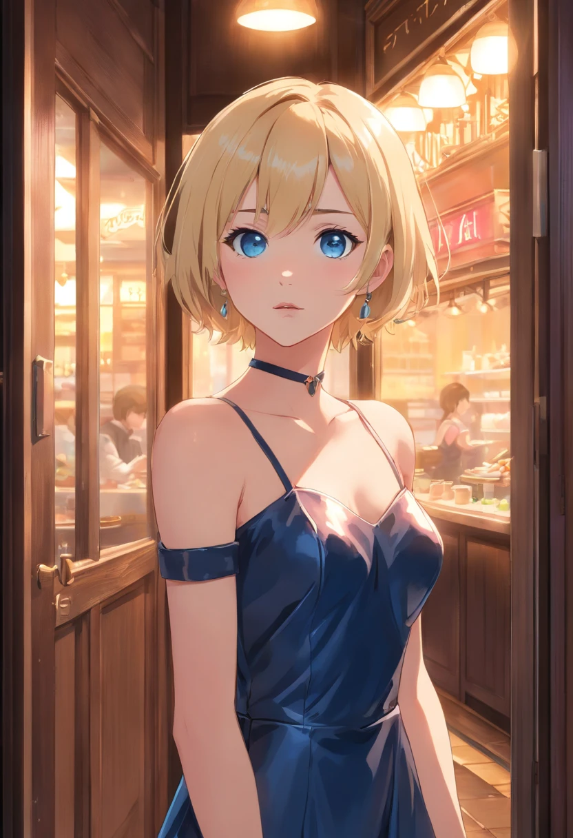 17 years old Women, ((Blonde)), ((Blue eyes)), ((Short hair)), ((Full shot)), very detailed makeup, pale pink lipstick, long earrings, black evening dress, strapless, wears a leather stole, which falls from the shoulders with stiletto shoes, at the door of a French restaurant