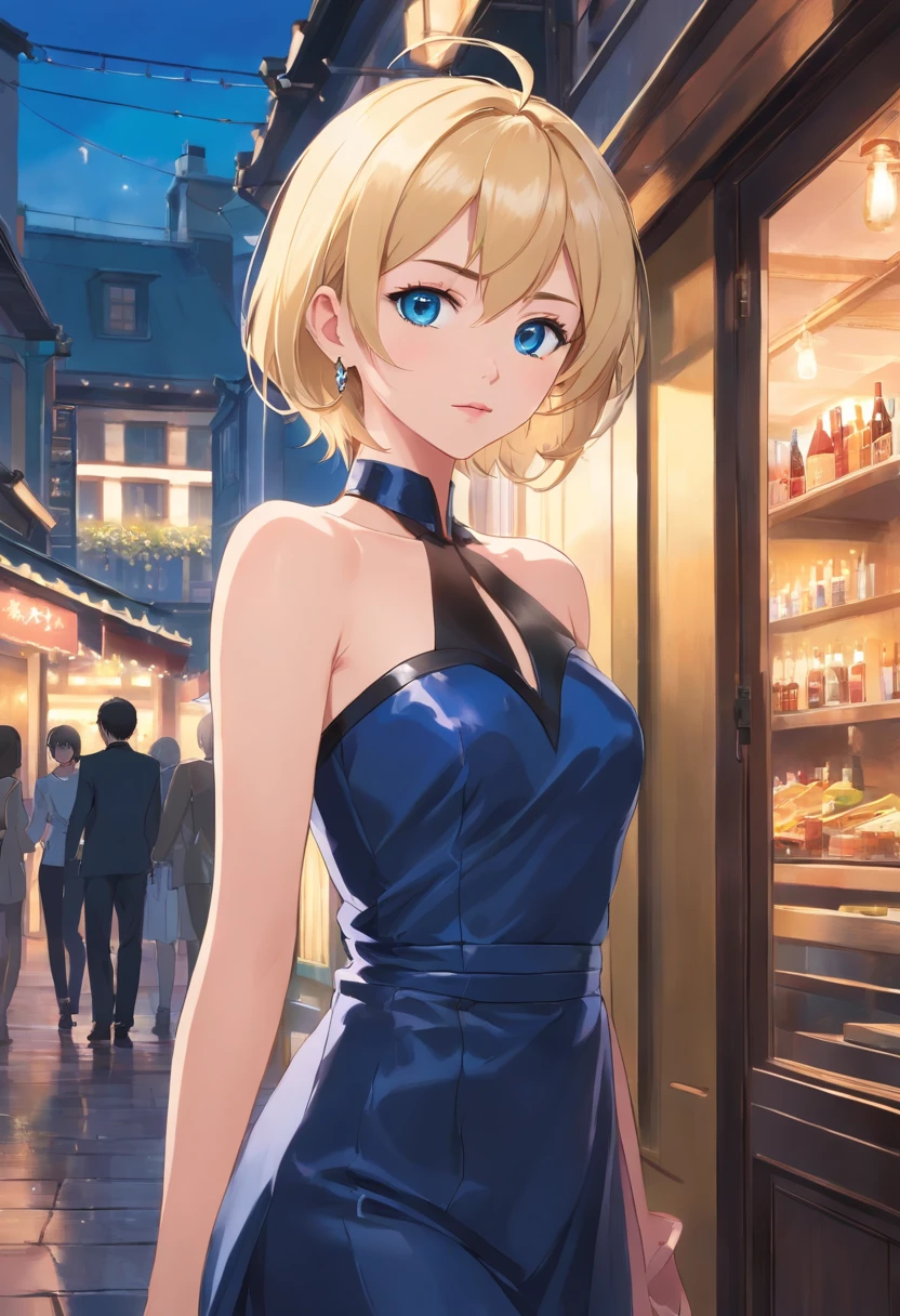  Women, ((Blonde)), ((Blue eyes)), ((Short hair)), ((Full shot)), very detailed makeup, pale pink lipstick, long earrings, black evening dress, strapless, wears a leather stole, which falls from the shoulders with stiletto shoes, at the door of a French restaurant